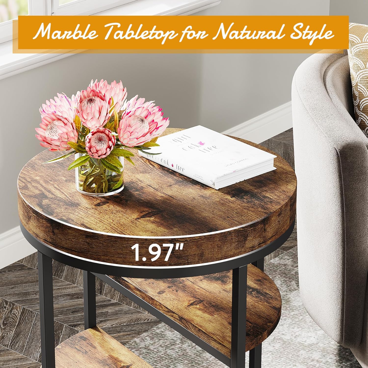 50 cm Ronde Bijzettafel met 3 Opbergplanken, Industriële Sofa- en Nachtkasttafel in Rustiek Bruin