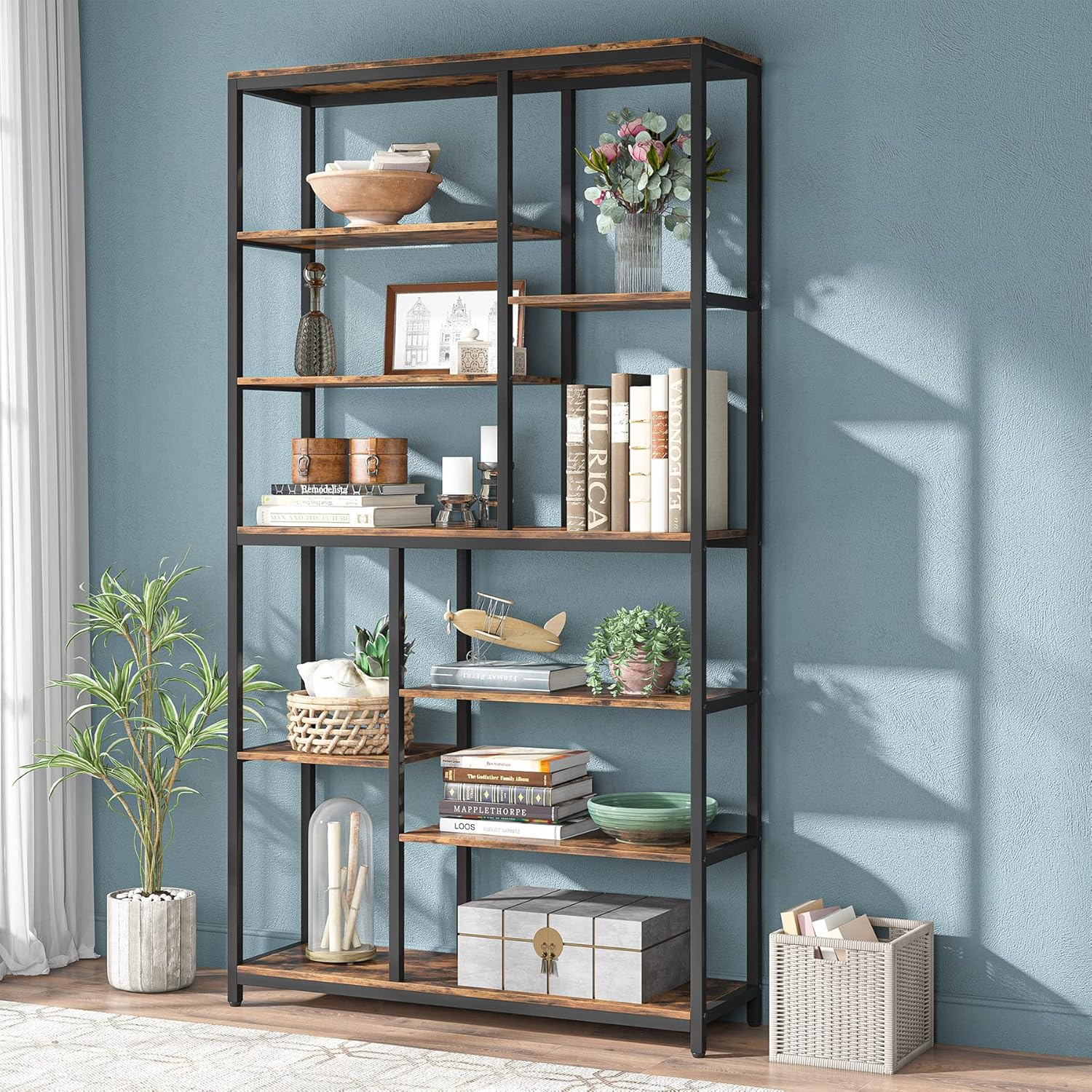 200 cm Hoge Boekenplank, 8-Laags Open Boekenkast met Brede Houten Etagère voor Woonkamer