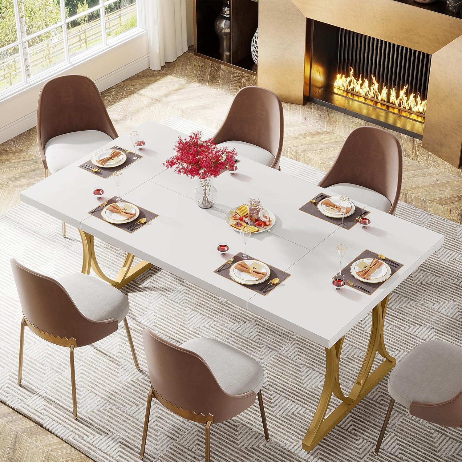 160 cm Tribesigns Moderne Witte Eettafel voor 6 Personen, Rechthoekige Tafel in Goud en Wit