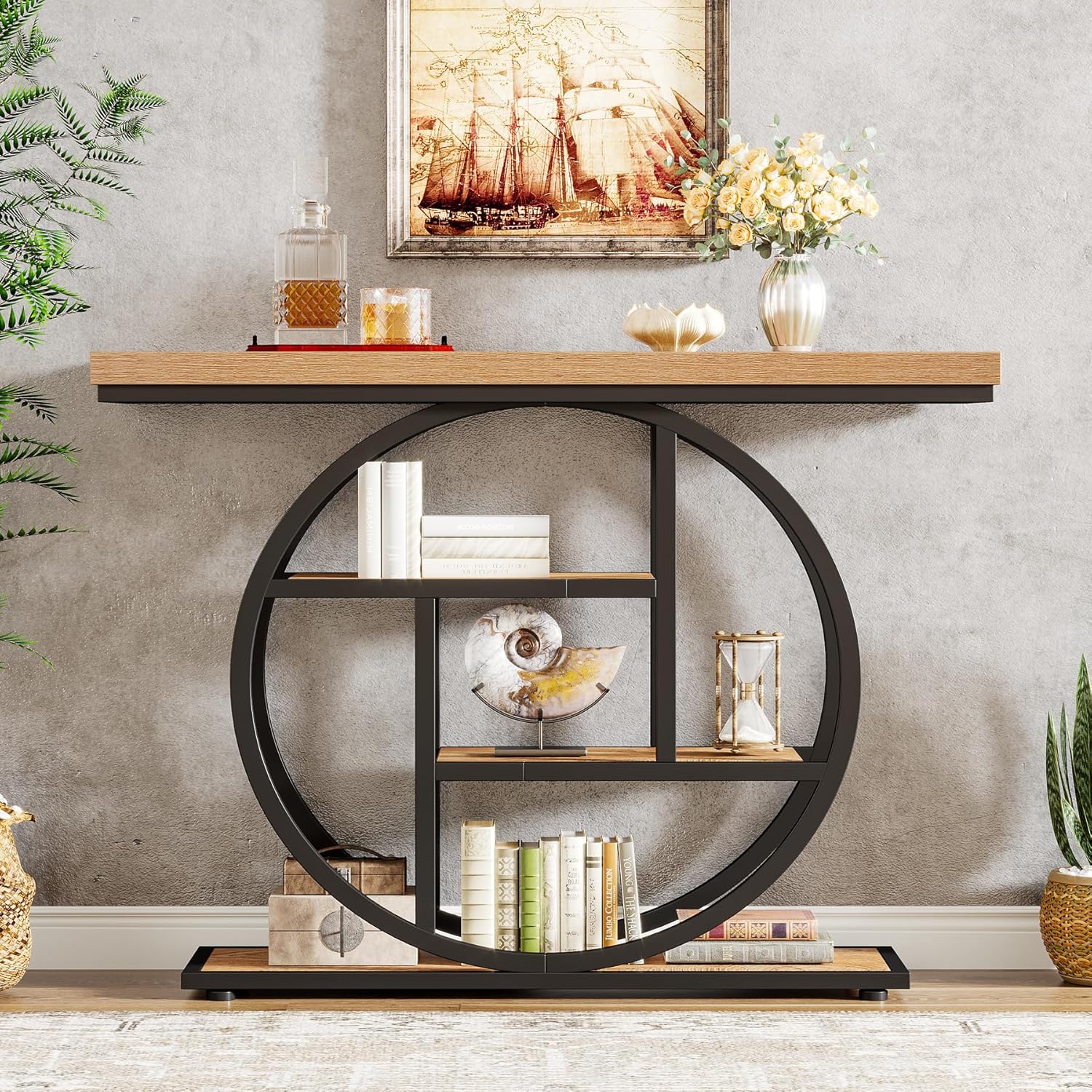 105 cm Industriële Console, 4 Planken met Ronde Basis voor Hal en Woonkamer