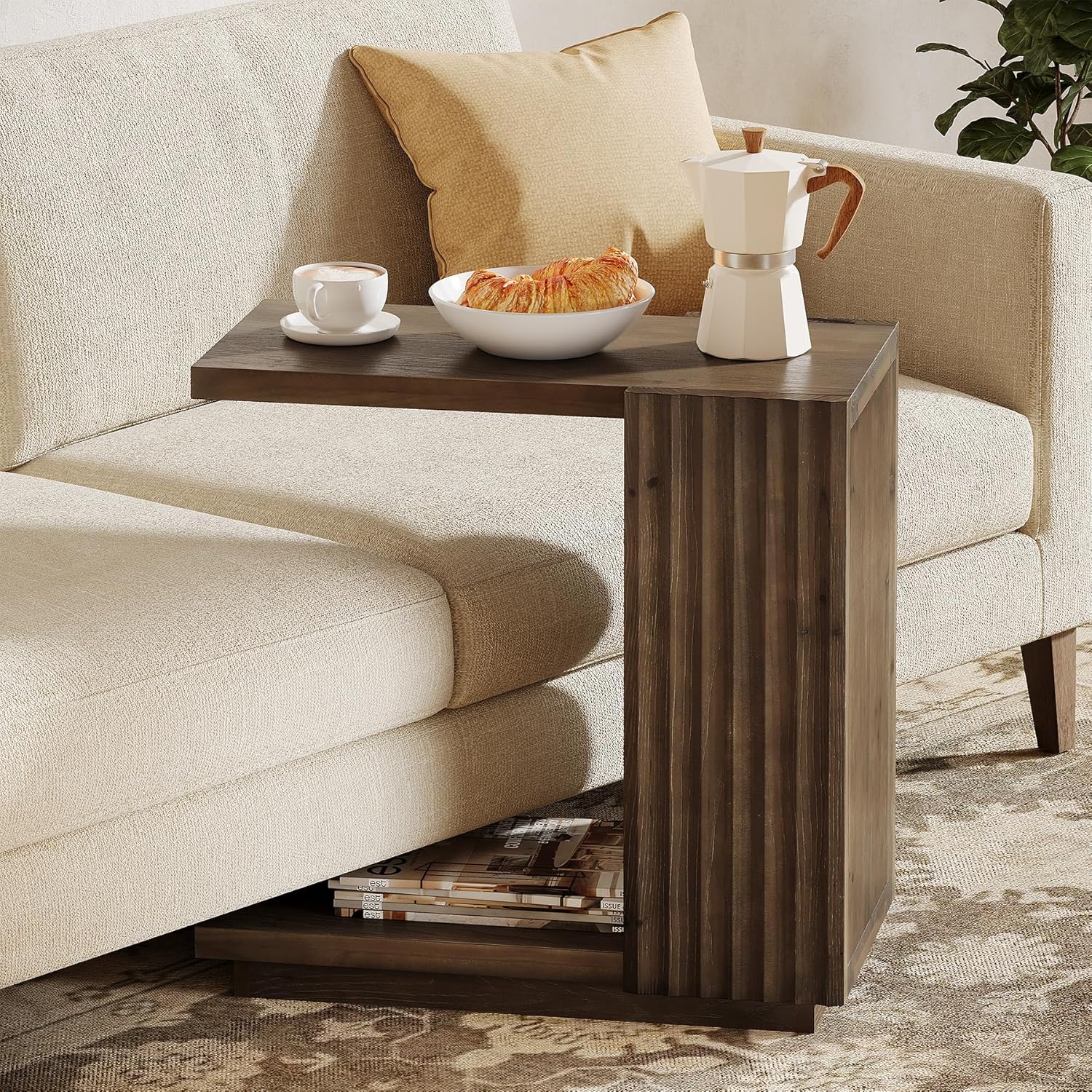 Tribesigns 60 cm C-vormige Bijzettafel, Smalle Houten Tafel voor Bank