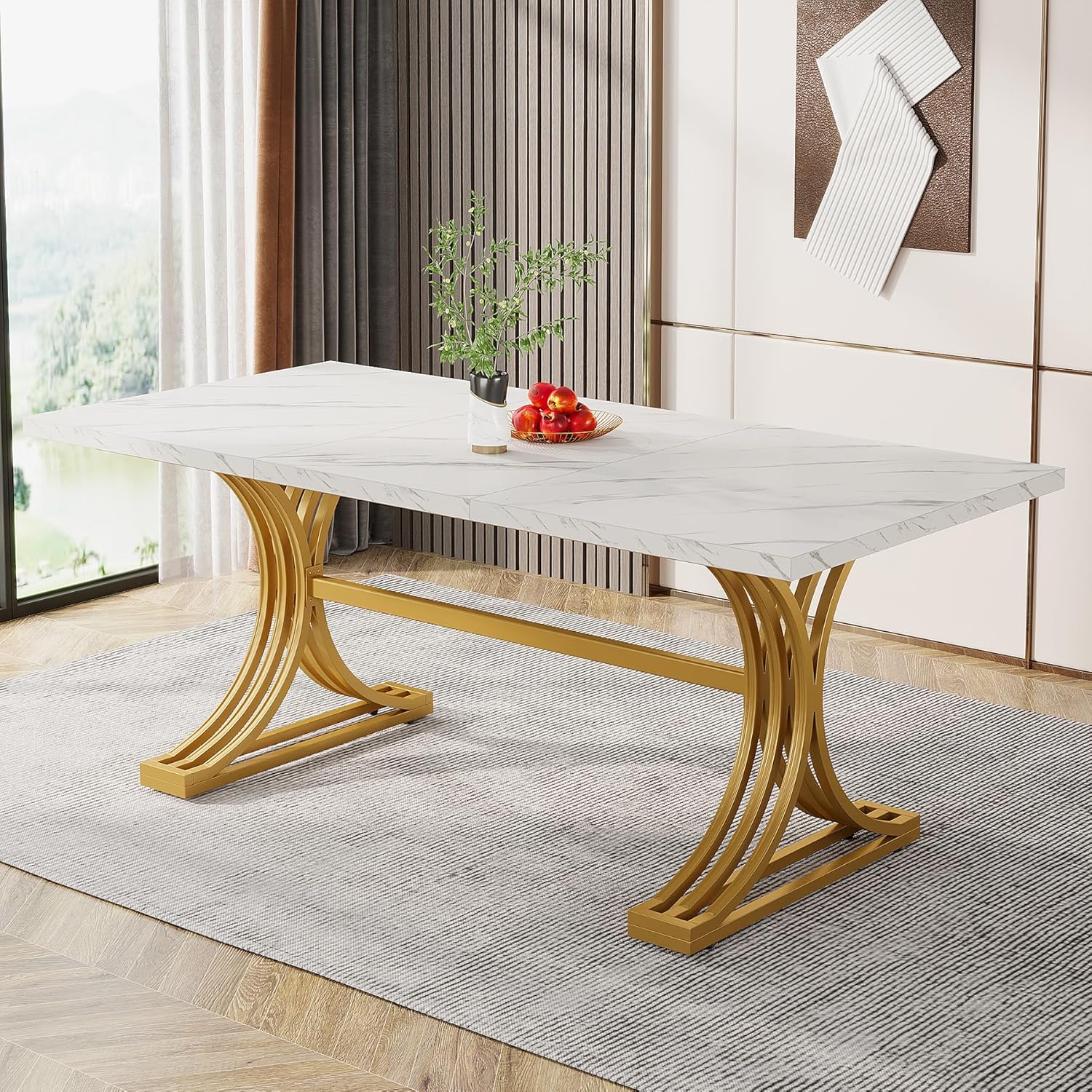 Tribesigns Eettafel 160 cm met Marmerlook Blad, Moderne Keukentafel Goud