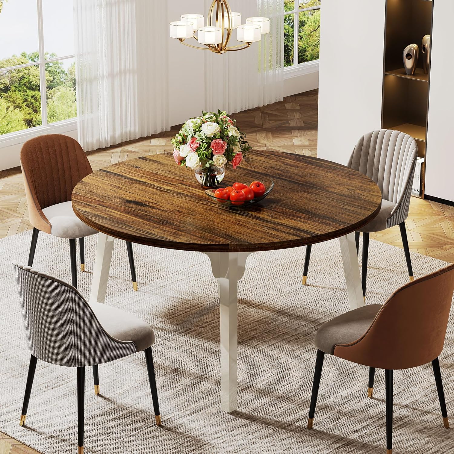 Tribesigns 120 cm Ronde Industriële Eettafel Wit Blad Massief Houten Poten