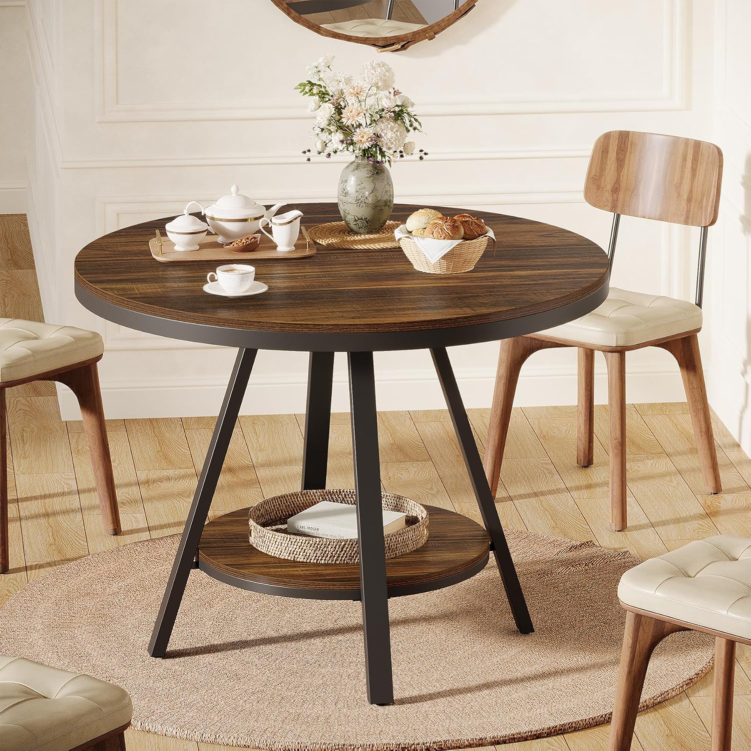 90cm Ronde Eettafel voor 4 Personen, Landhuisstijl met Metalen Poten voor Keuken en Woonkamer in Bruin