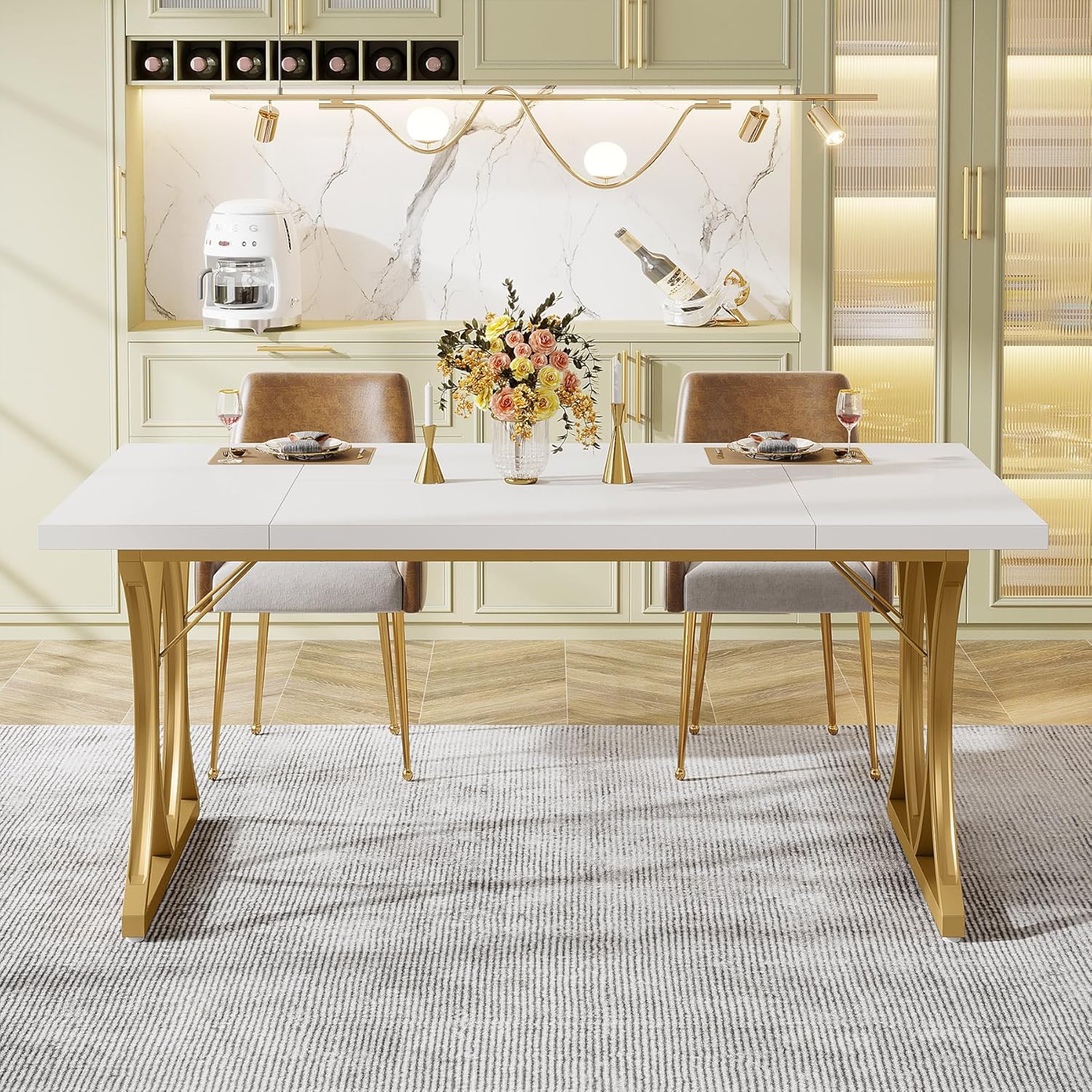 160 cm Tribesigns Moderne Witte Eettafel voor 6 Personen, Rechthoekige Tafel in Goud en Wit