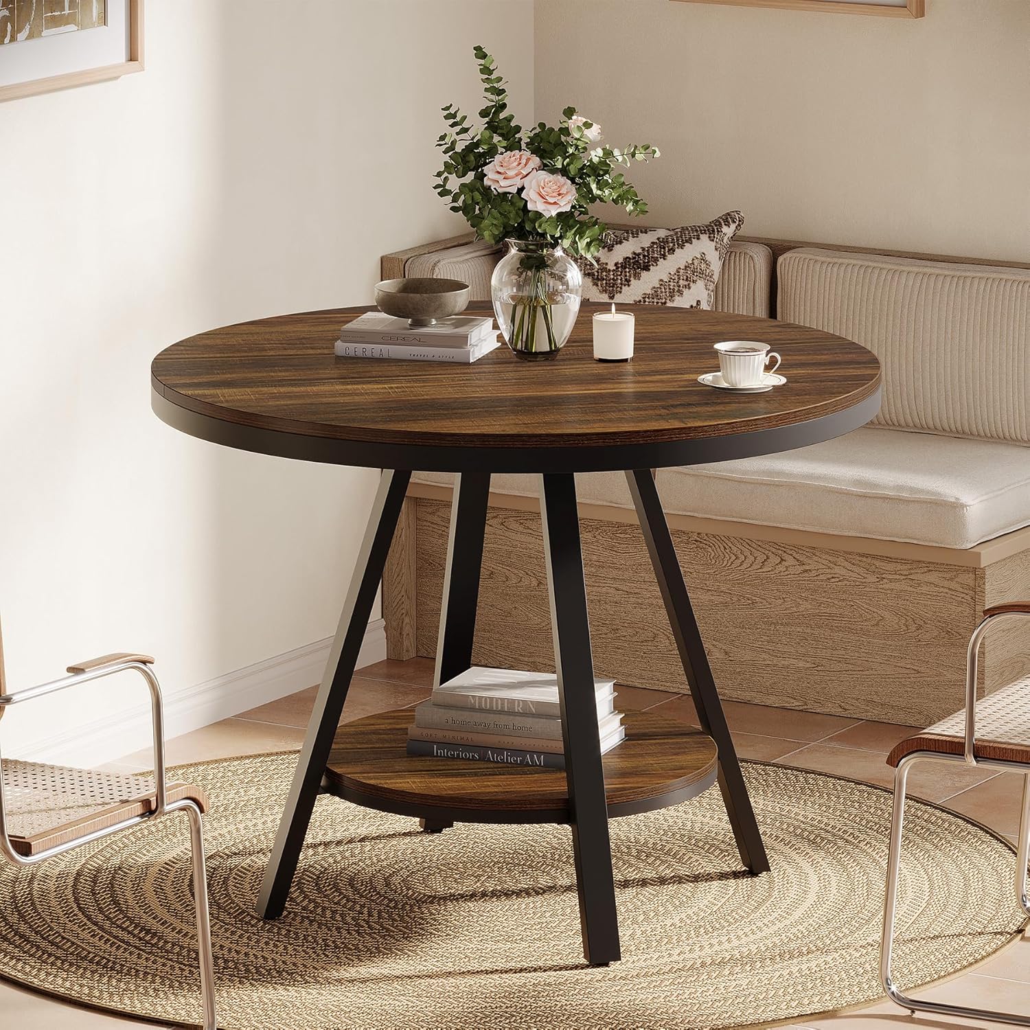 90cm Ronde Eettafel voor 4 Personen, Landhuisstijl met Metalen Poten voor Keuken en Woonkamer in Bruin