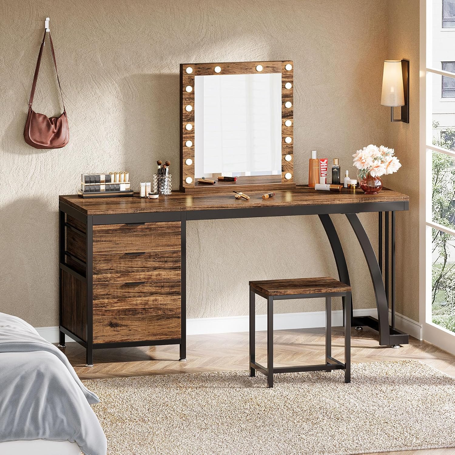 150 cm Met 3 Laden, Make-up Bureau Met Ombouwbare Opbergruimte
