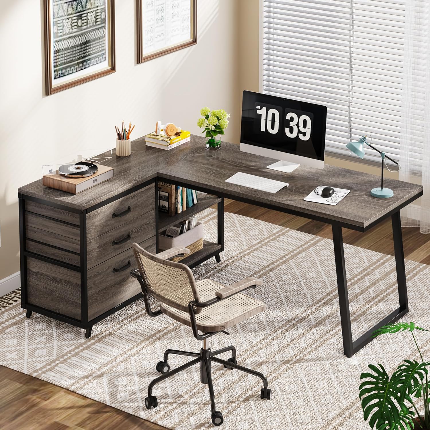 150 cm L-vormig Bureau, Met 4 Laden en 2 Planken voor Kantoor en Werkkamer