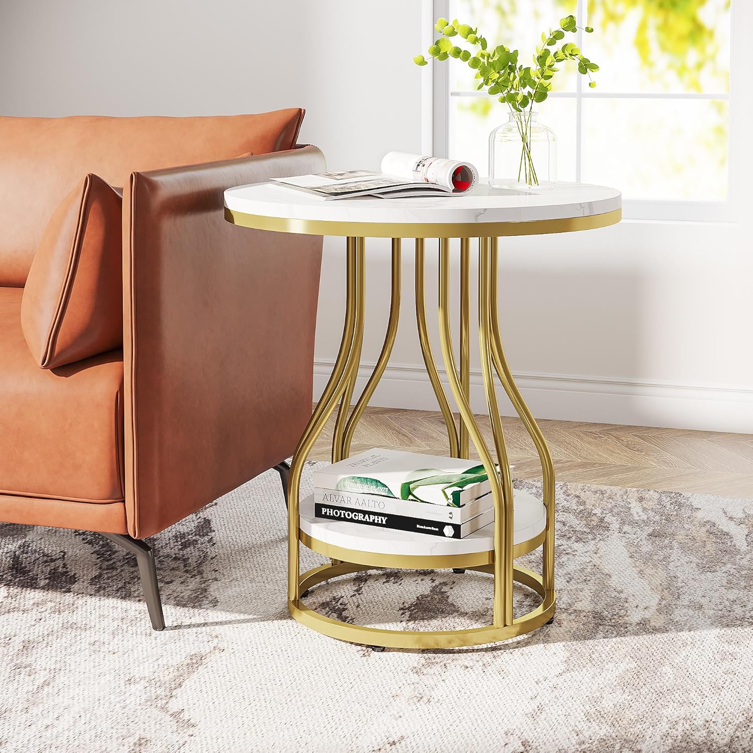 Tribesigns Ronde 2-Laagse Bijzettafel, Modern Nachtkastje met Metaal Frame