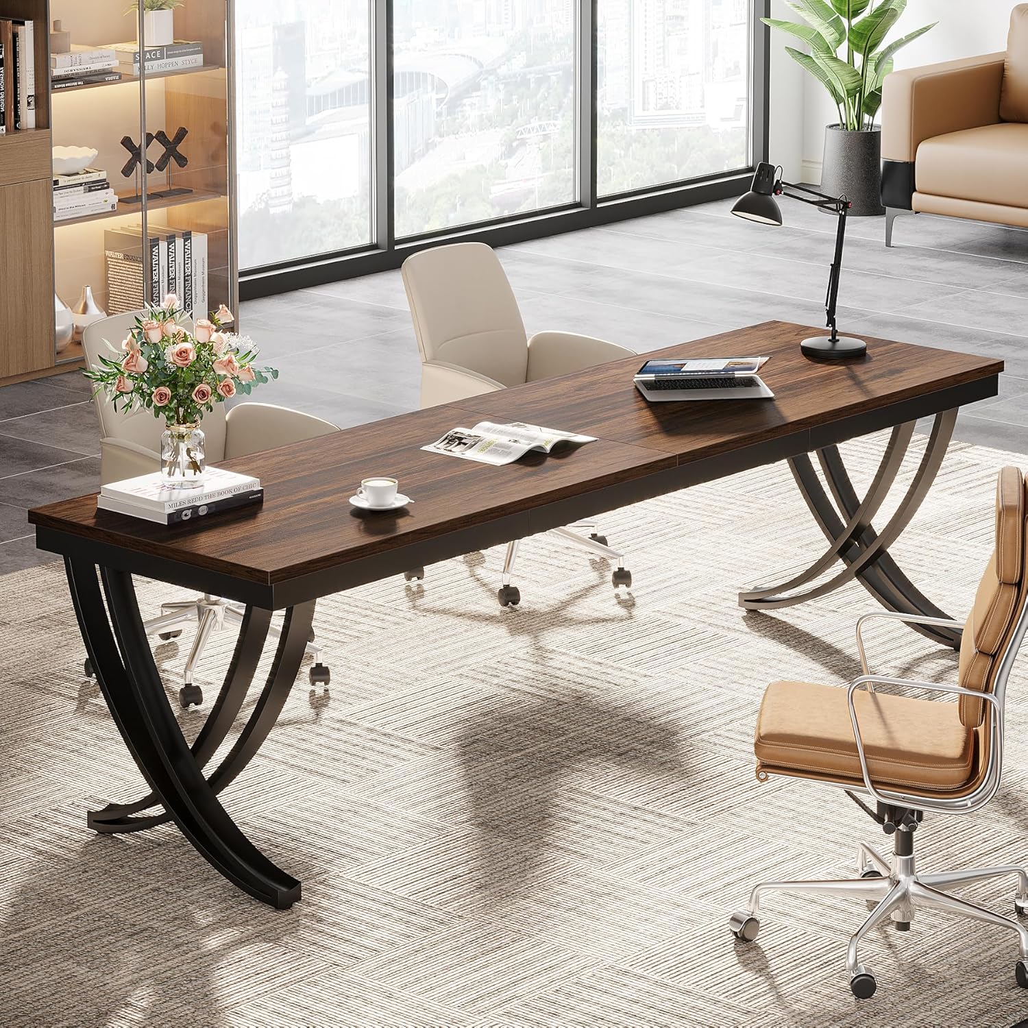 200 cm Bureau voor Twee Personen, Landelijke Computer Tafel met Stijlvolle Poten
