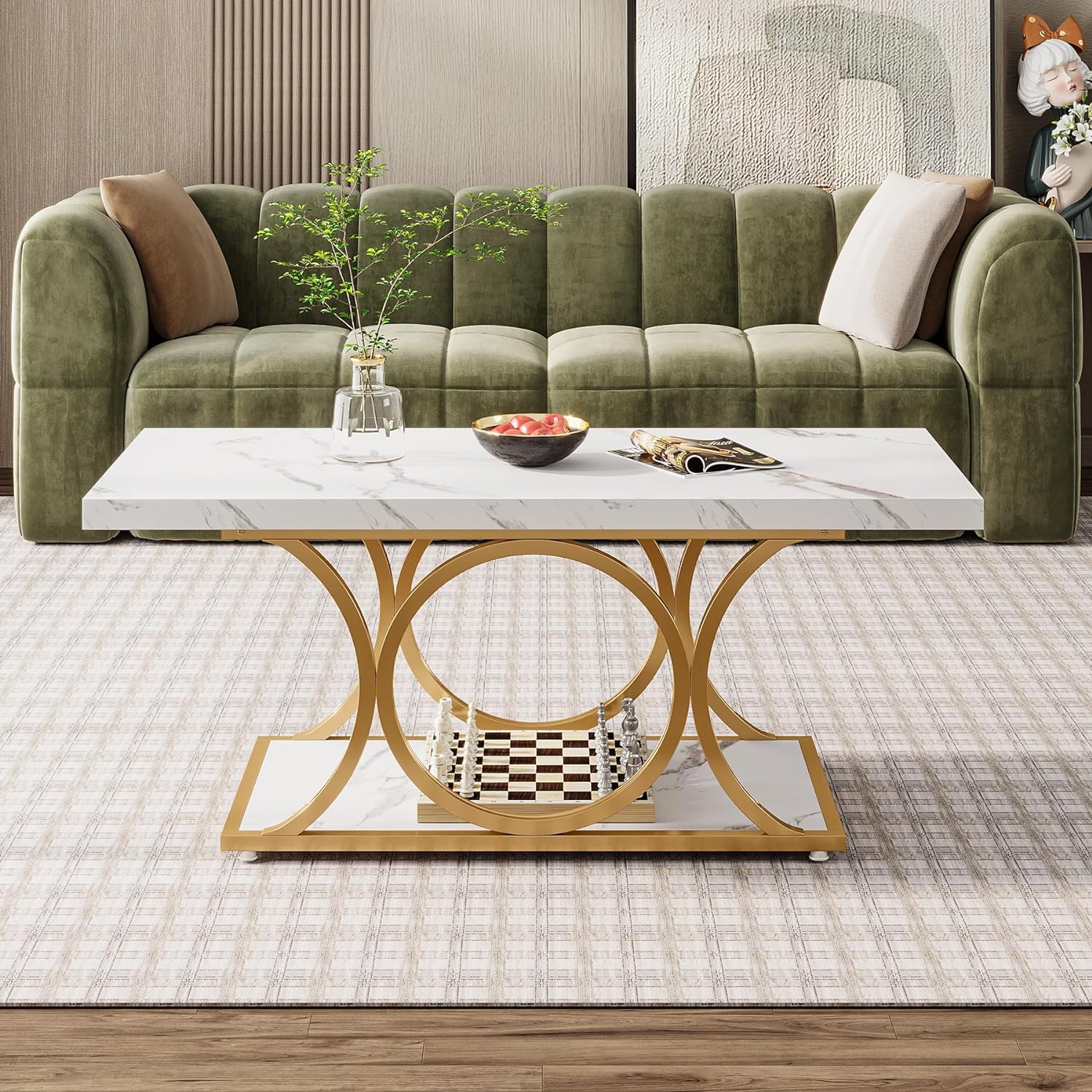 120 cm Moderne Salontafel met Marmer Look, Witte & Gouden Tafels met Opbergplank en Geometrische Poten