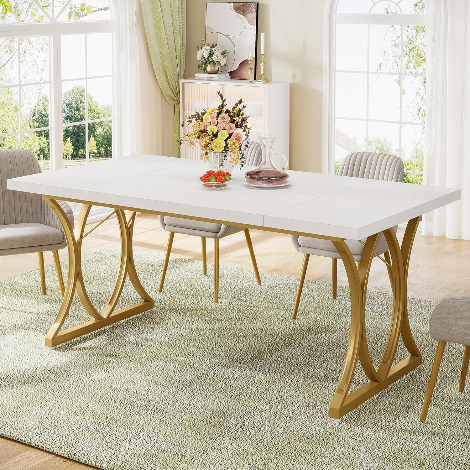 160 cm Tribesigns Moderne Witte Eettafel voor 6 Personen, Rechthoekige Tafel in Goud en Wit