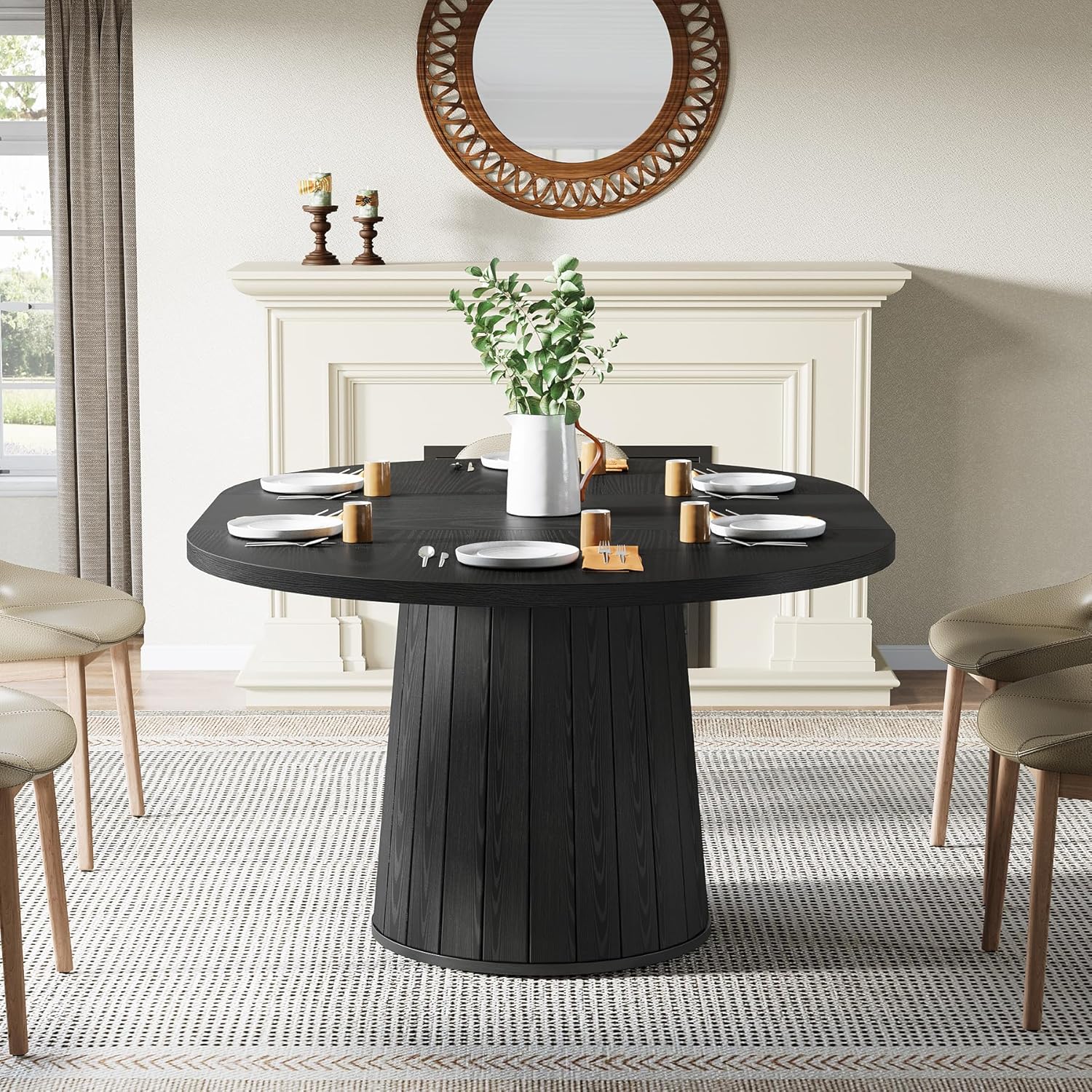 140 cm Ovale Eettafel voor 6 Personen, Landelijke Keukentafel met Cilindervormige Pijler