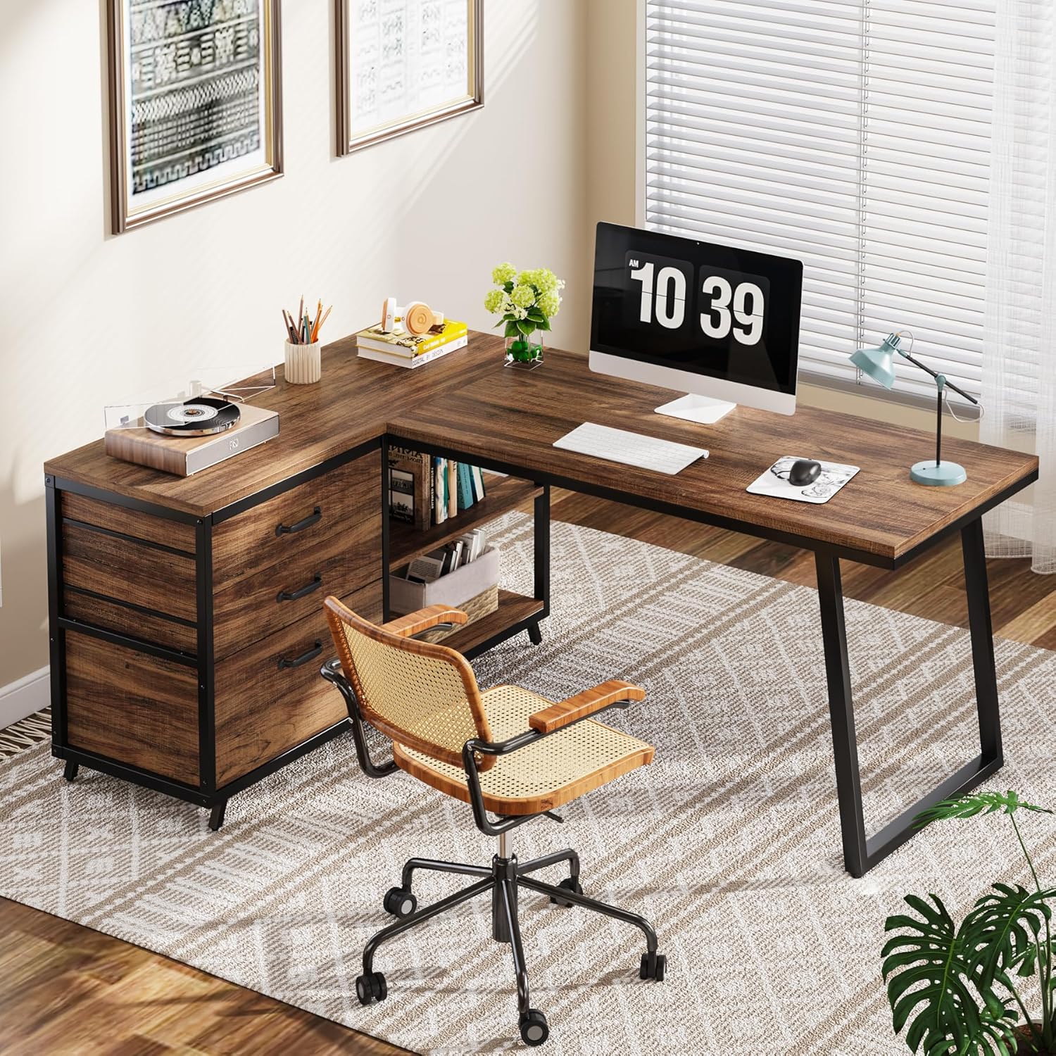 L-Vormig Computerbureau 133cm met 3 Laden, Industrieel Ontwerp voor Kantoor en Studie