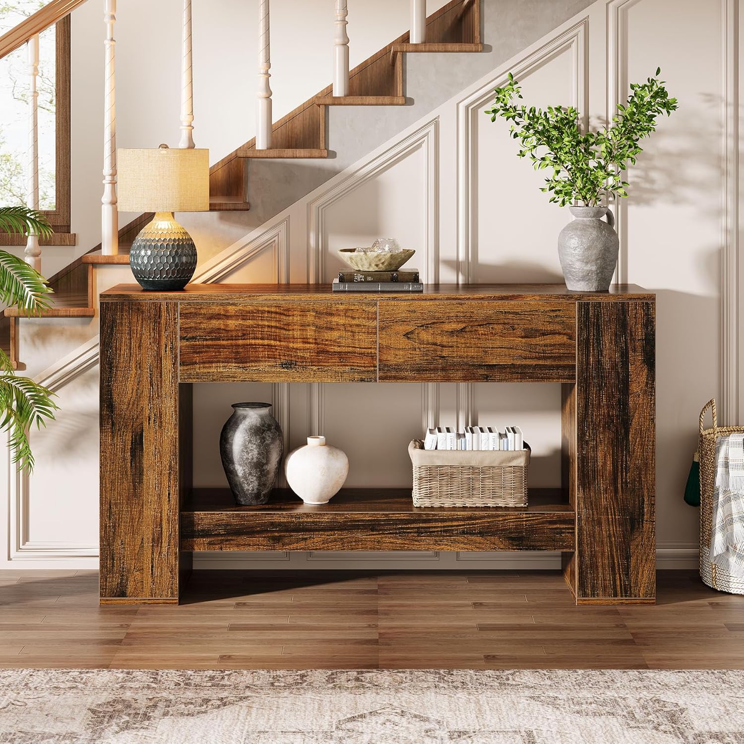 140 cm Rustieke Bruine Consoletafel, Smalle Opbergtafel met 2 Laden en 2 Planken voor Hal en Woonkamer