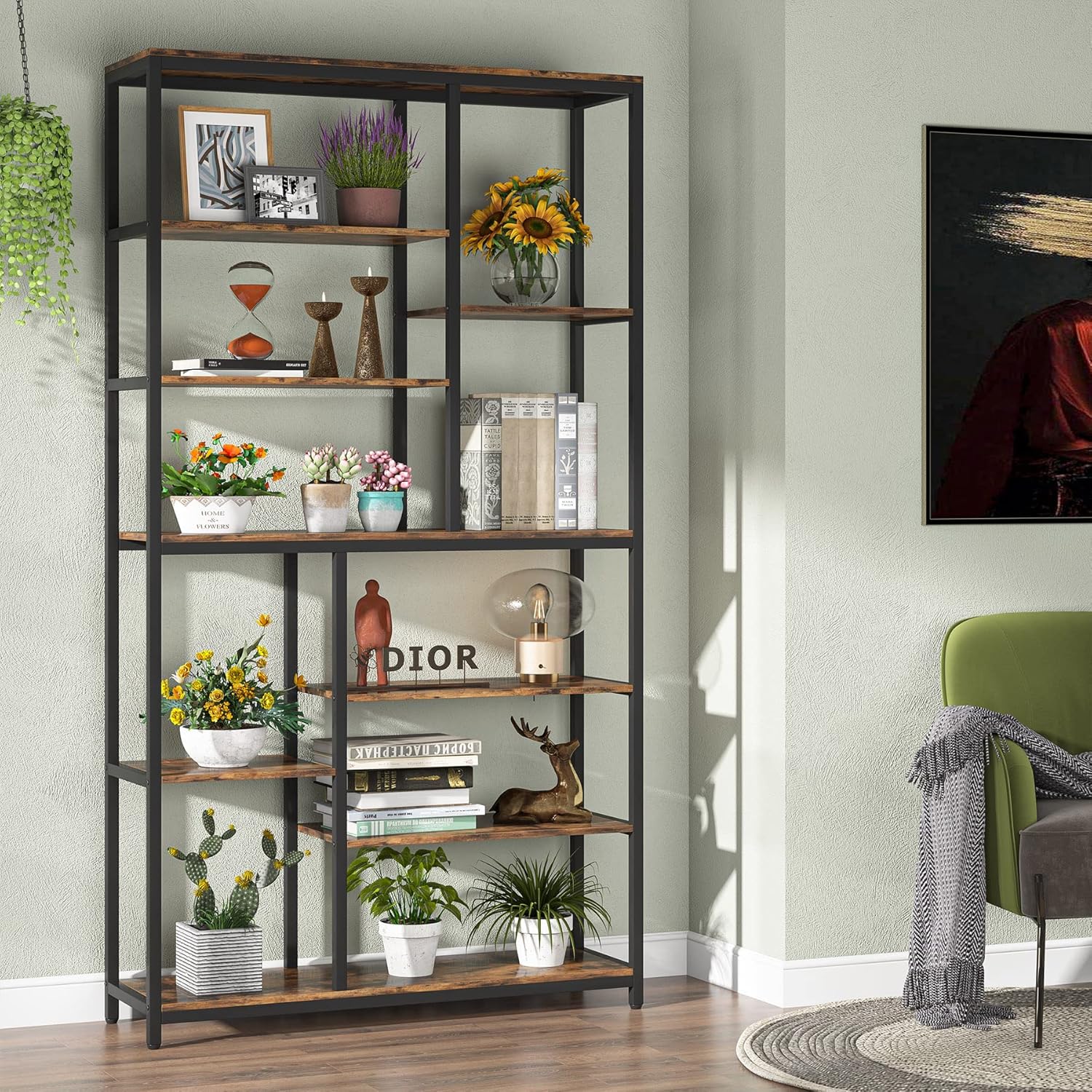 200 cm Hoge Boekenplank, 8-Laags Open Boekenkast met Brede Houten Etagère voor Woonkamer
