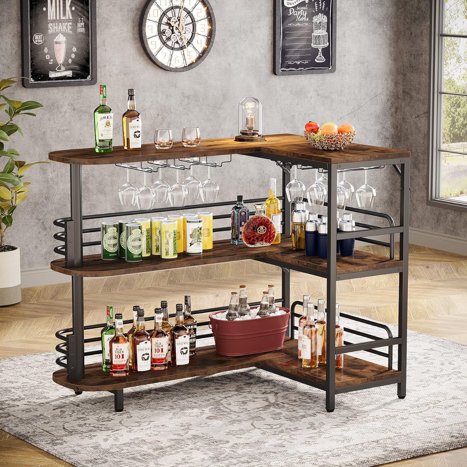 120 cm L-vormige Homebar, Industriële Hoekbar met 3 Planken en Wijnrek in Landelijk Bruin