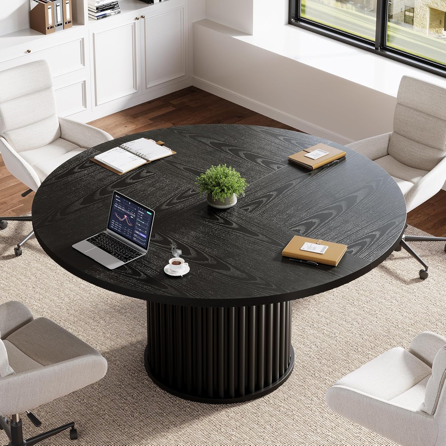 120 cm Zwart Ronde Conferentietafel, Stabiel Bureau voor 4-6 Personen
