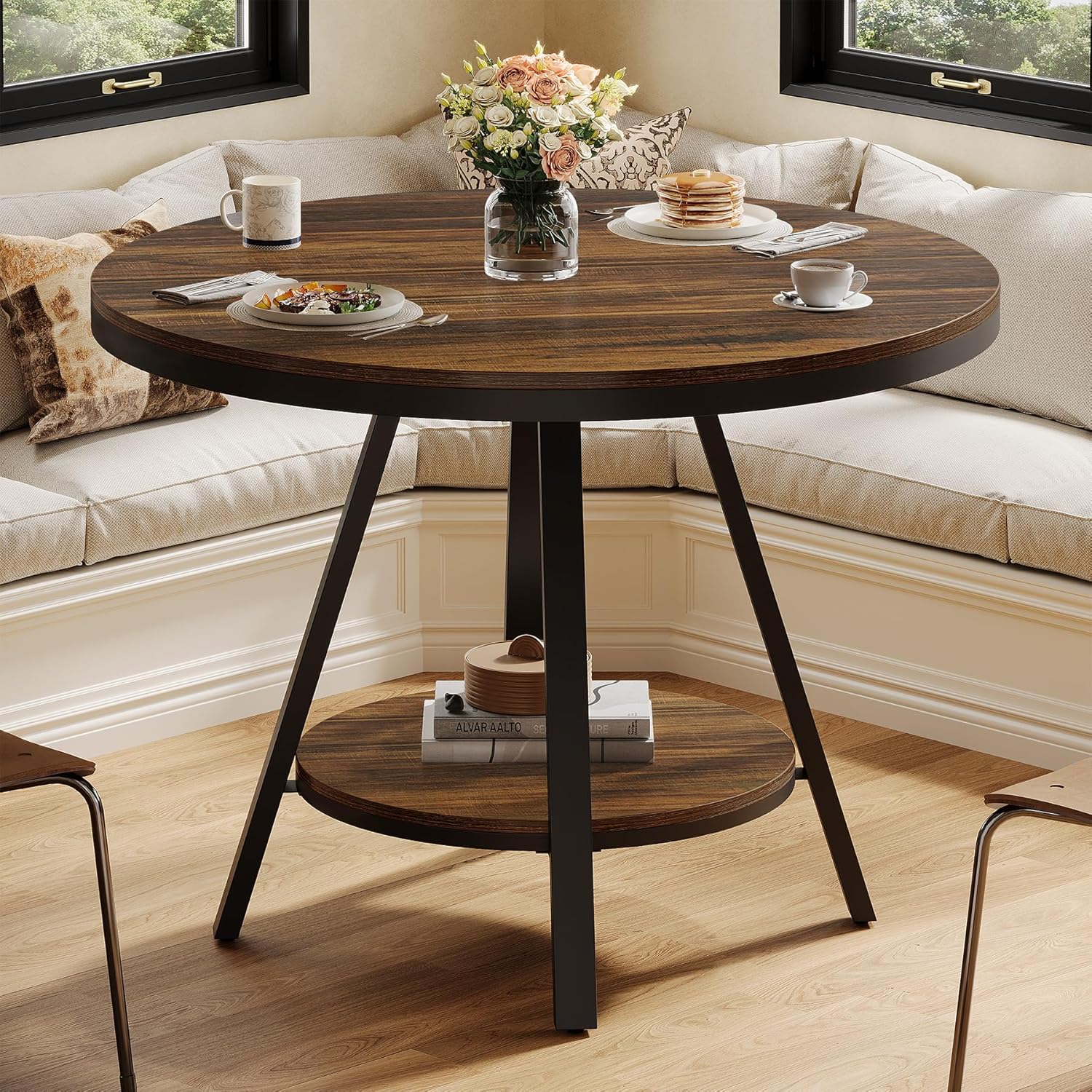 90cm Ronde Eettafel voor 4 Personen, Landhuisstijl met Metalen Poten voor Keuken en Woonkamer in Bruin