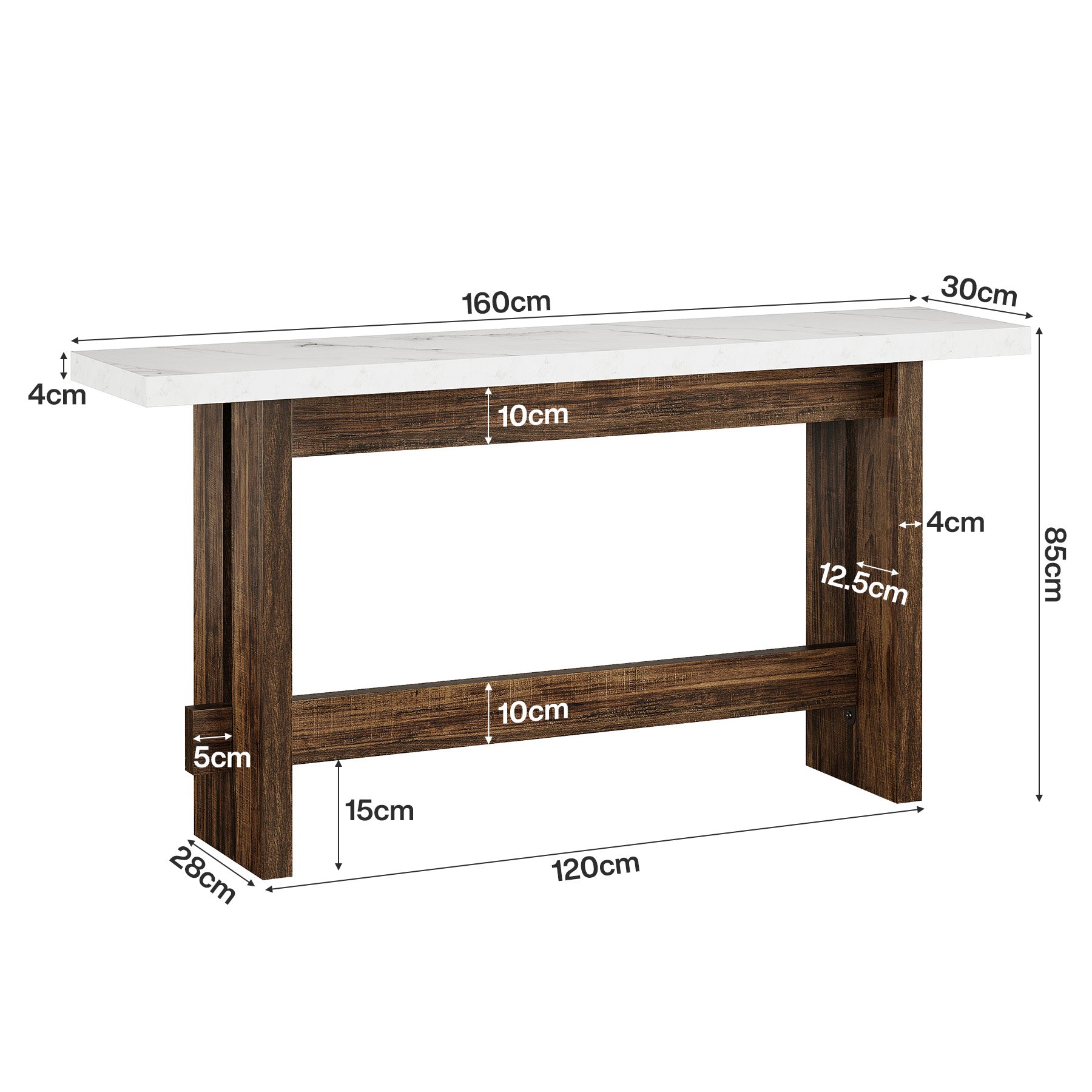 160 cm farmhouse consoletafel met marmerlook blad, smalle sidetable voor entree en woonkamer