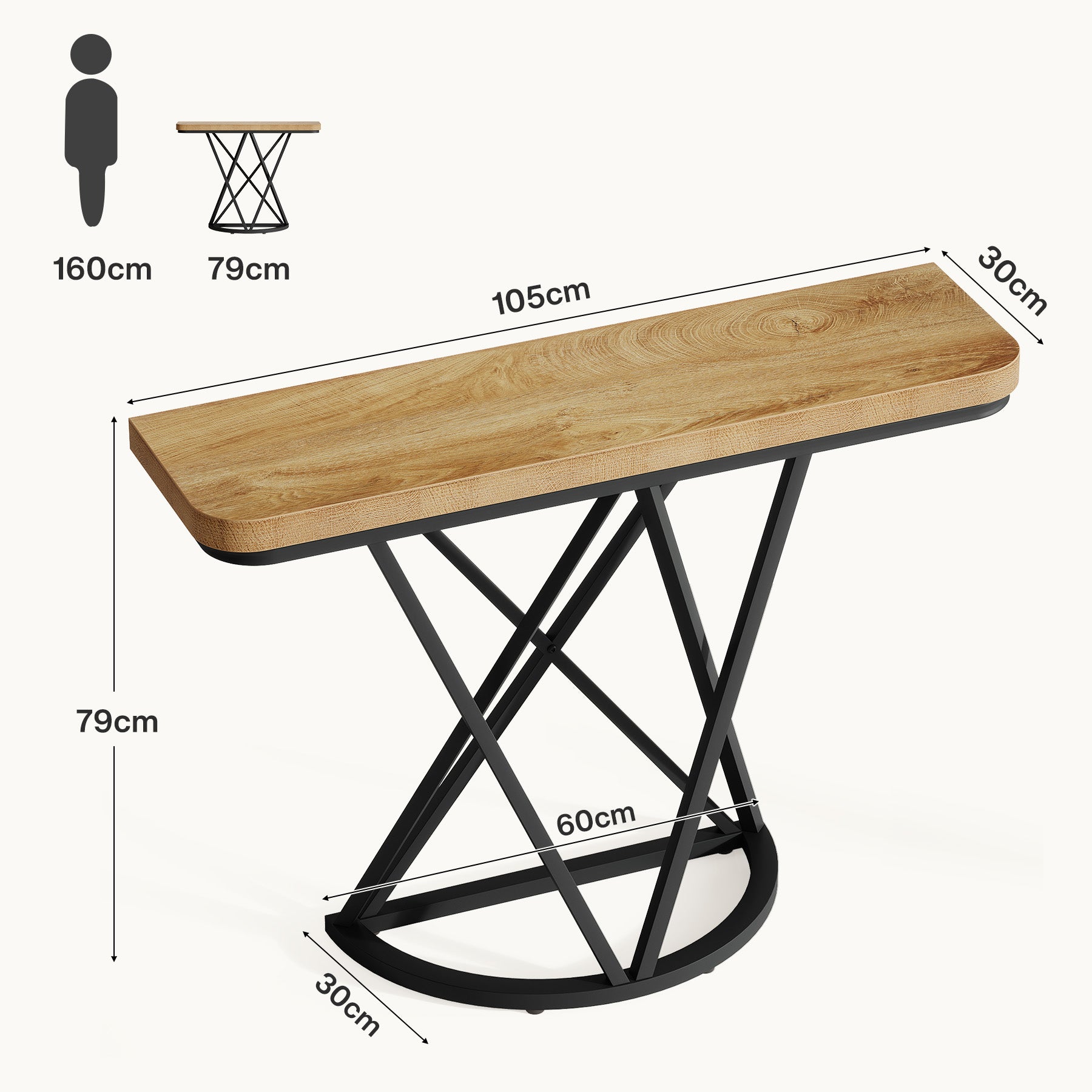105 cm Industriële Console Tafel, Smalle Entreetafel met Geometrisch Metaal Onderstel