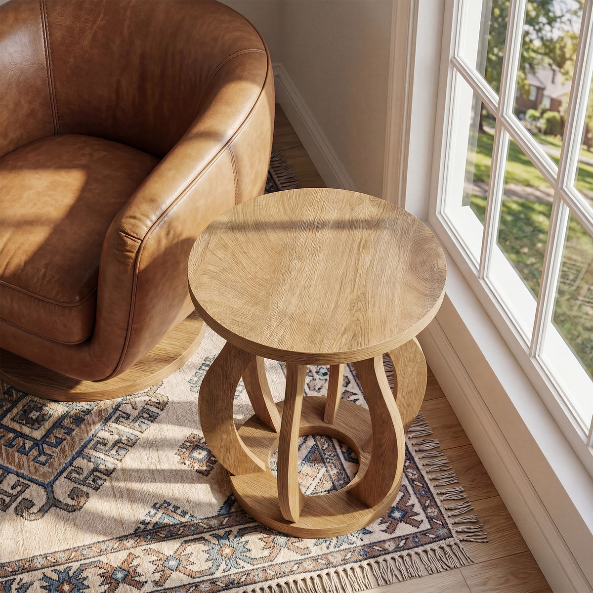 61 cm Ronde Houten Bijzettafel, Farmhouse Nachtkastje met Gebogen Frame