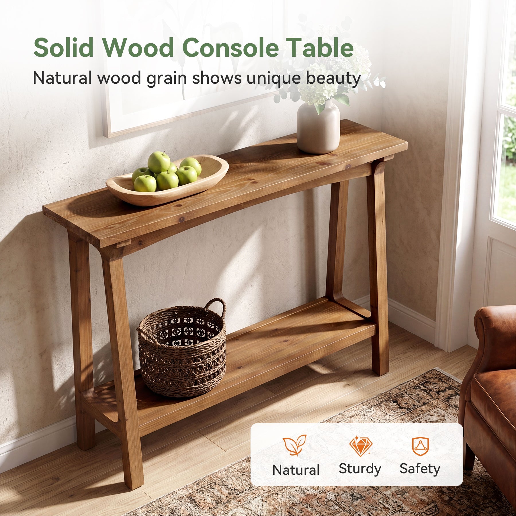 Tribesigns Massief Houten Console Tafel 100 cm, Smalle Haltafel met 2 Planken voor Entree & Woonkamer