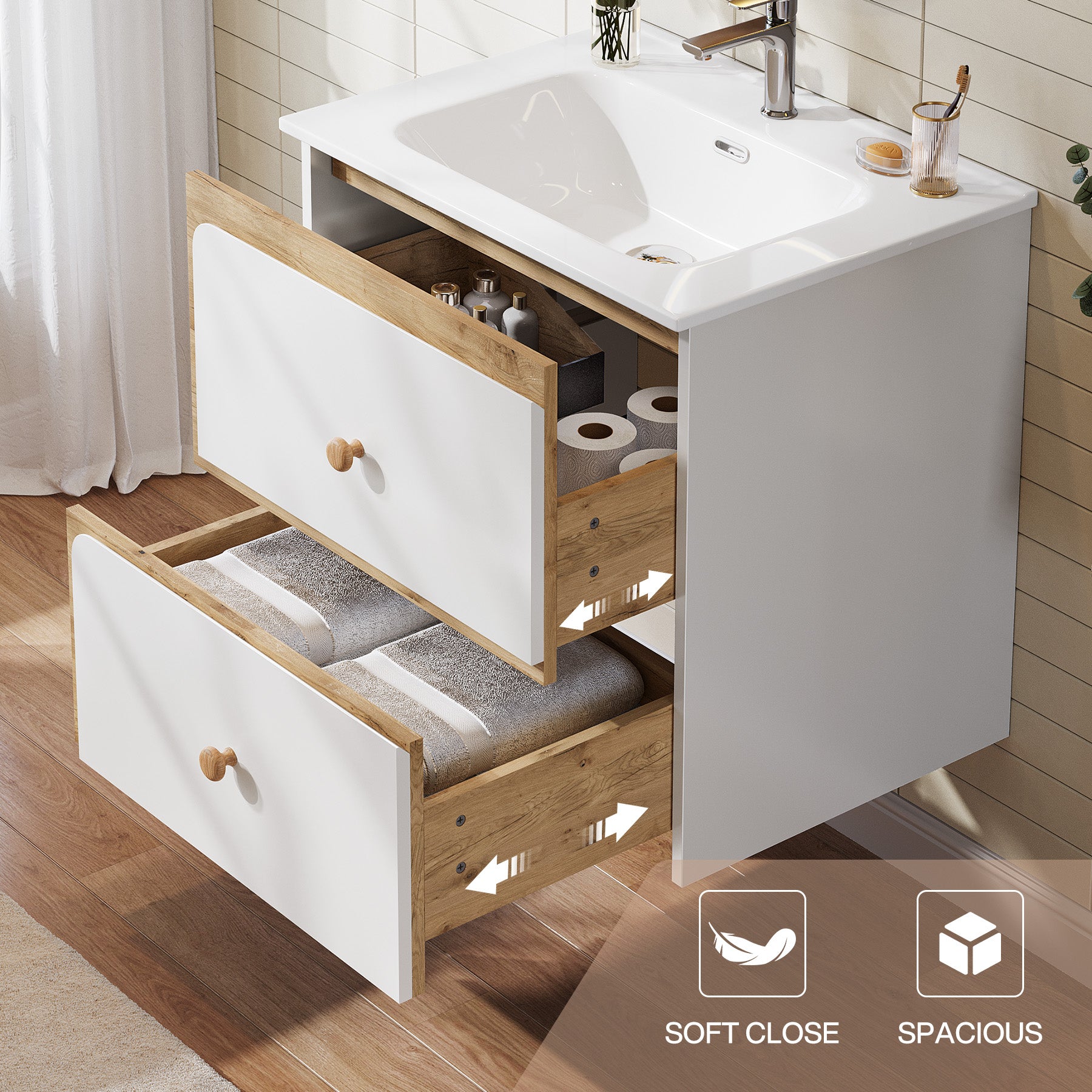 Tribesigns Hangende wastafel met keramieken waskom, Modern badkamermeubel wandgemonteerd met soft-close-deur