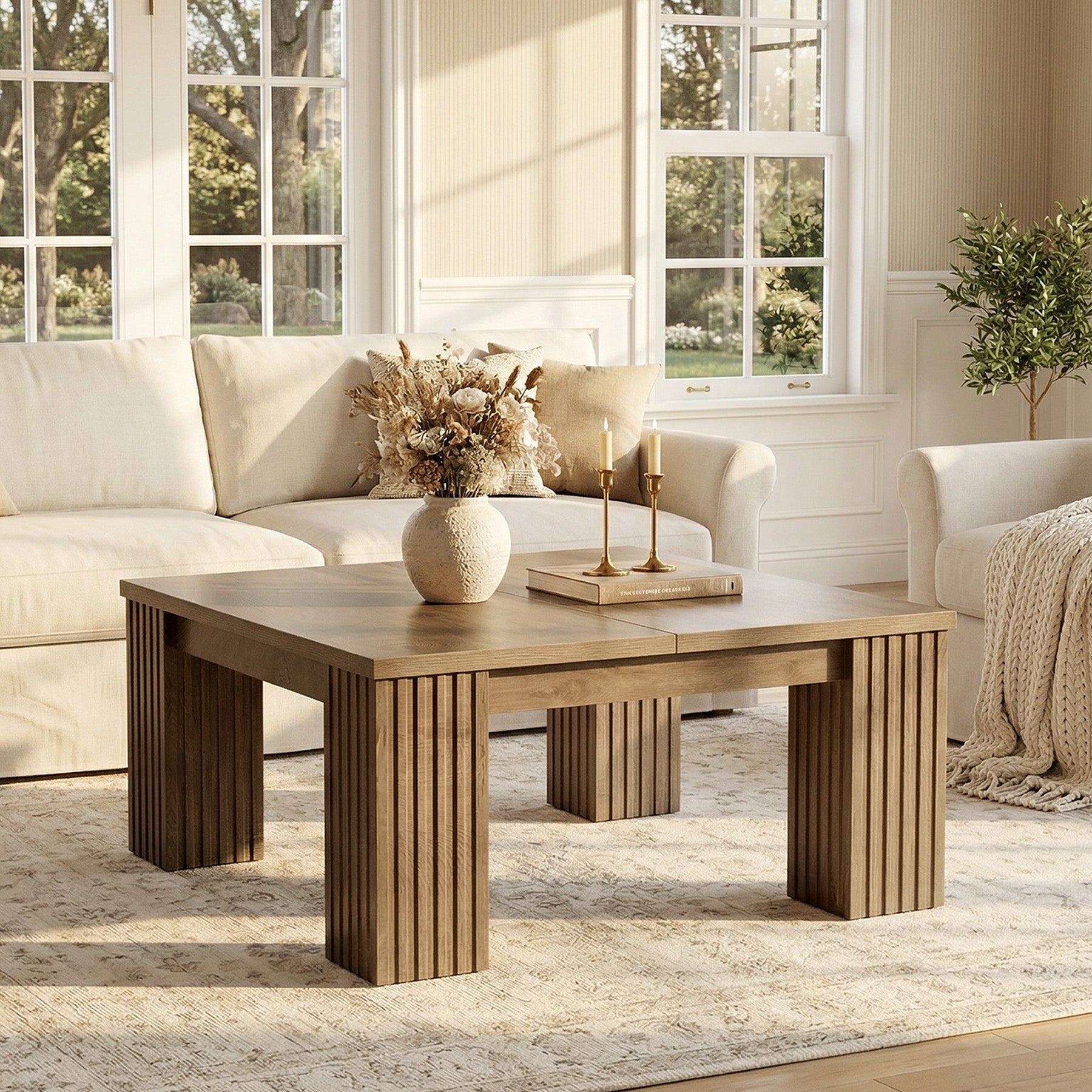 100 cm Vierkante Salontafel met Gefreesde Poten, Landelijke Houten Tafel voor Woonkamer