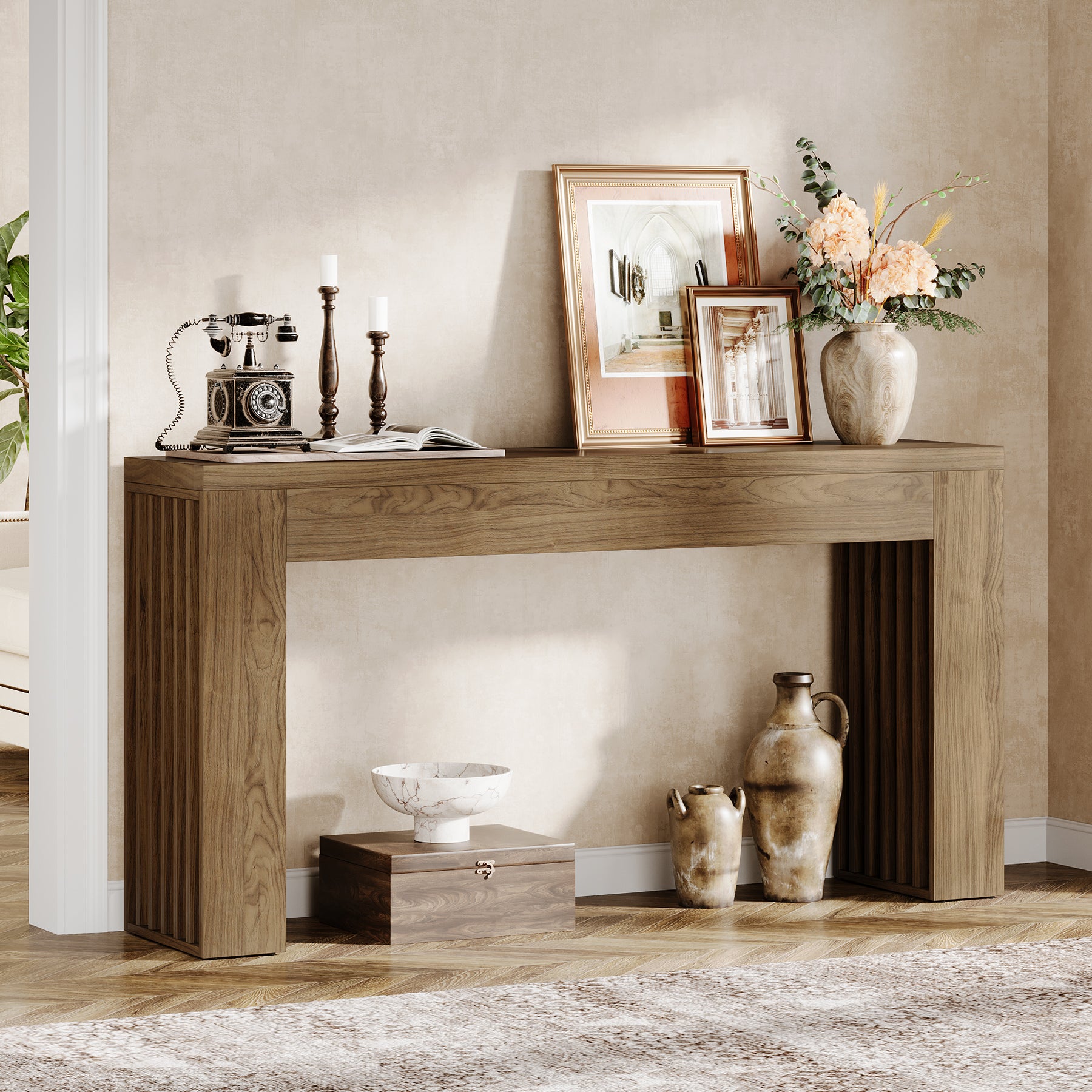 150 cm Lange Houten Salontafel achter de Bank, Consoletafel met Verticale Lattenpoten