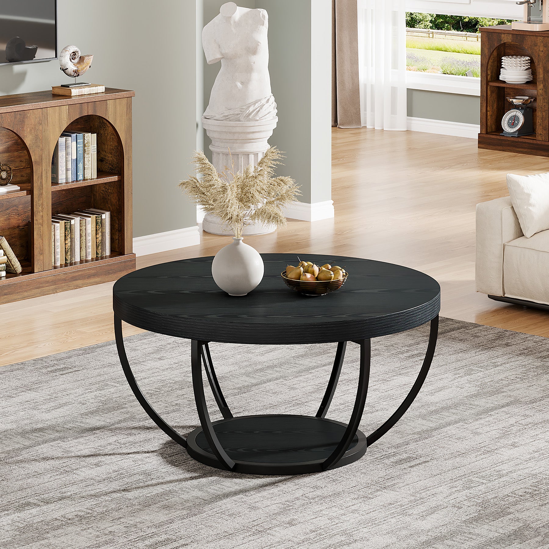80,5 cm Ronde Industriële Salontafel, Tweelaags Middentafel in Rustiek Bruin en Zwart