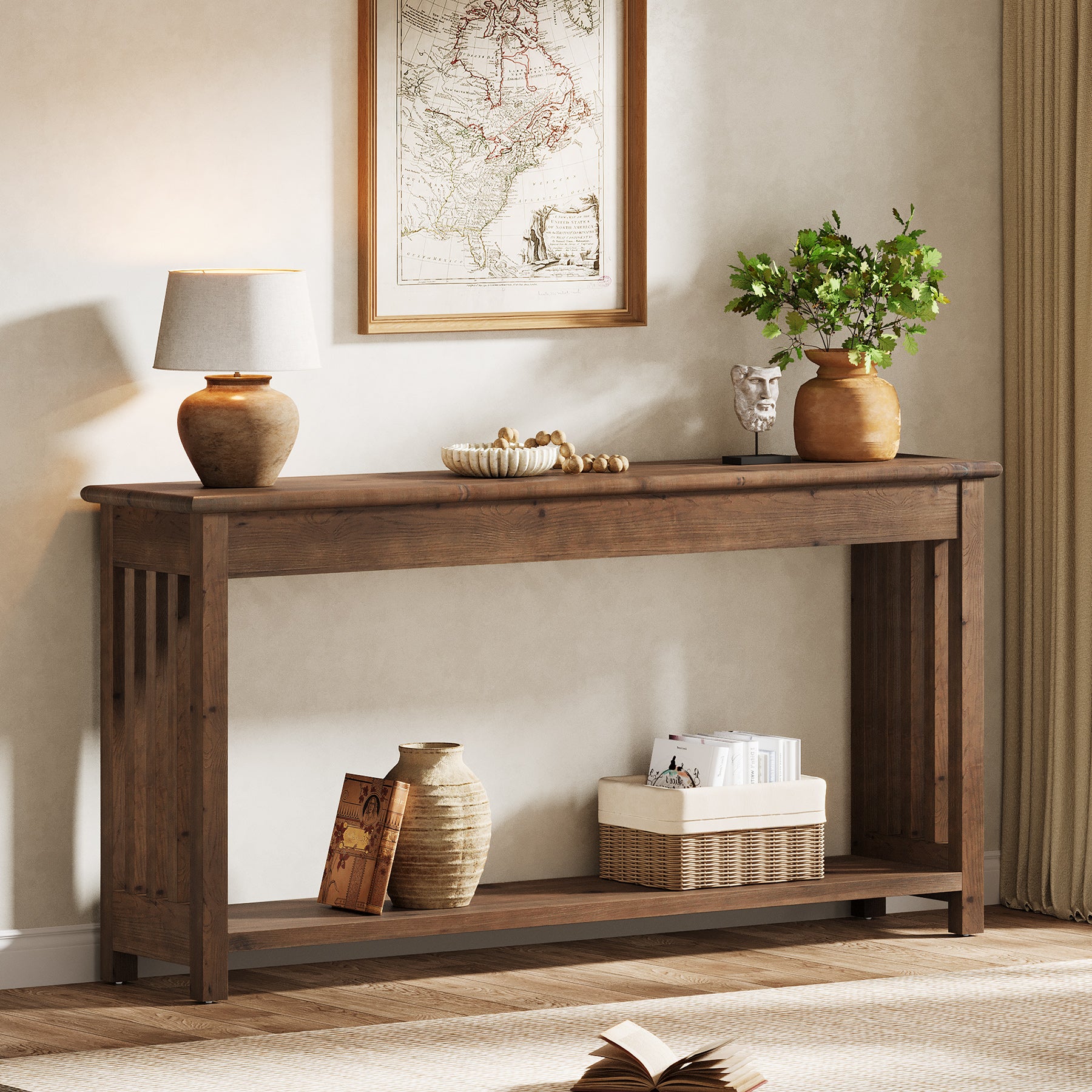 160 cm Houten Consoletafel met 2-Laags Opbergruimte, Lange Sofa Tafel voor Entree