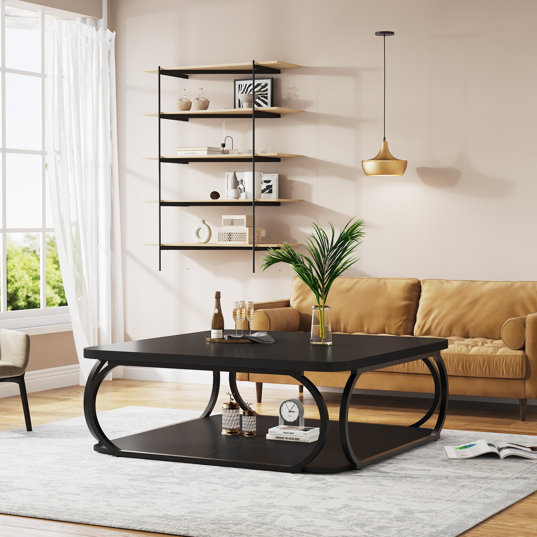 100 cm Vierkante Salontafel met Dubbele Planken, Landelijke Tafel met Metal Frame