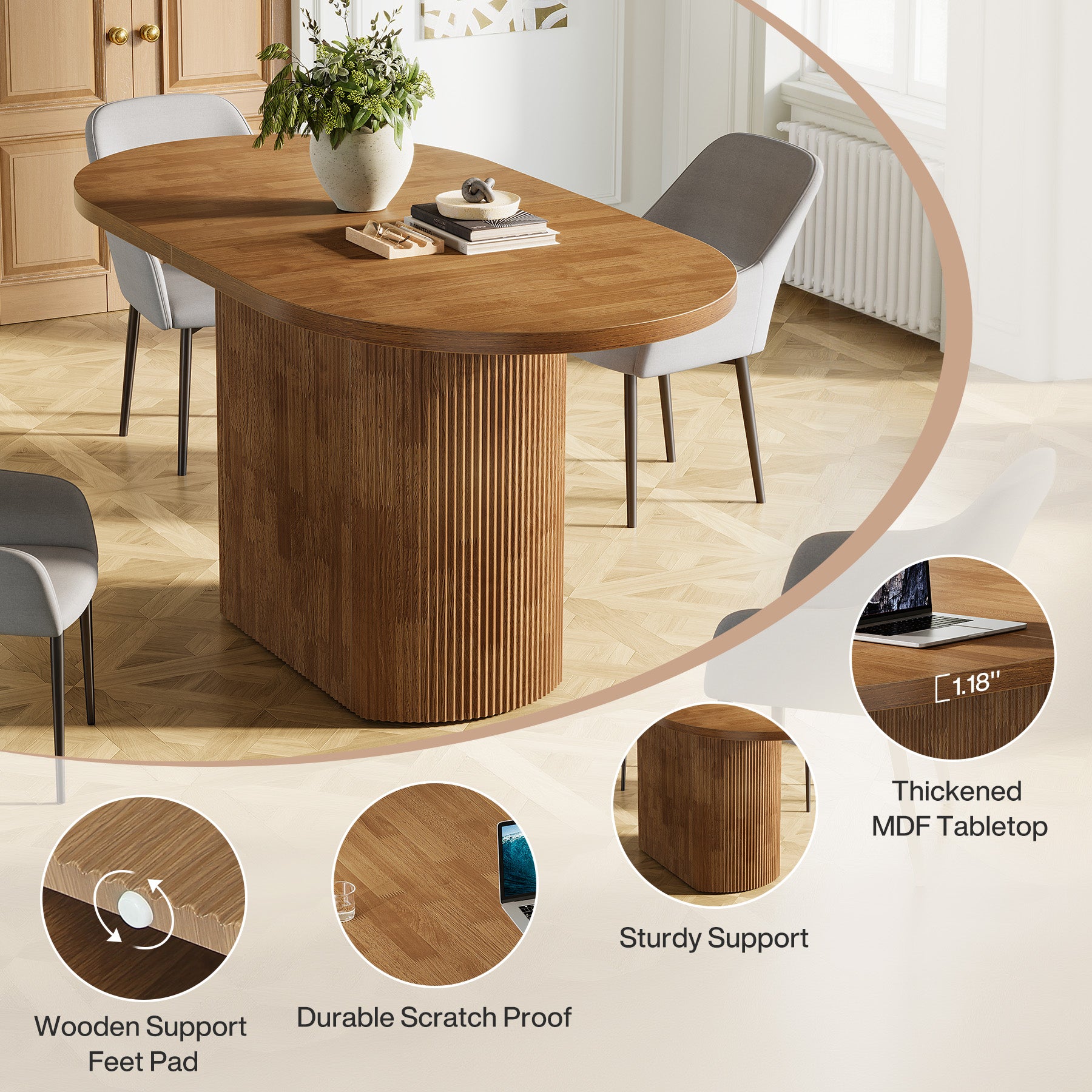 120 cm Ovale Vergadertafel voor 4 Personen, Rustieke Houten Conferentietafel met Polygonale Poot