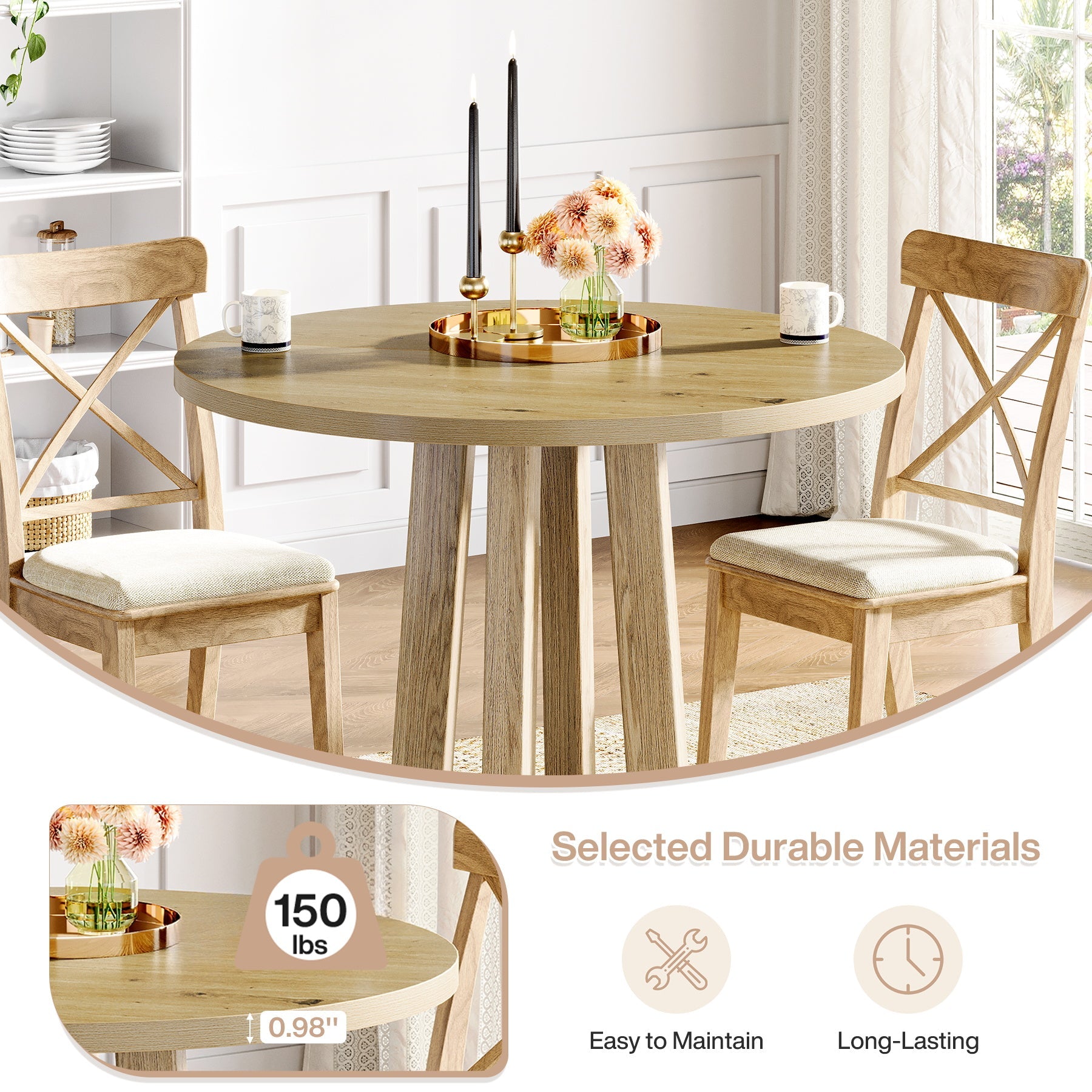 Tribesigns 80 cm Kleine Ronde Eettafel voor 2-4 Personen, Modern Boerenstijl Tafel