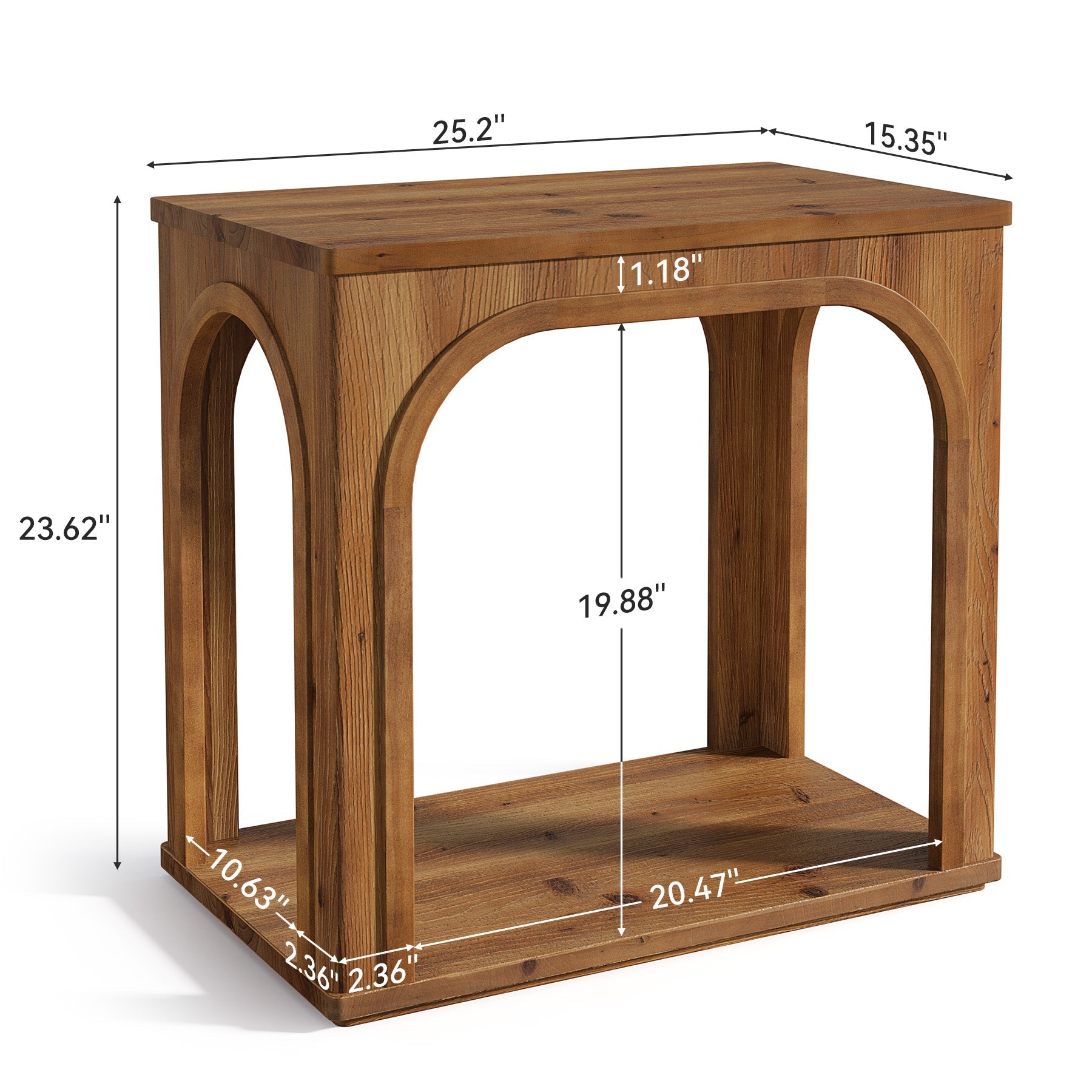 64 cm landelijke bijzettafel van massief hout met 2 planken