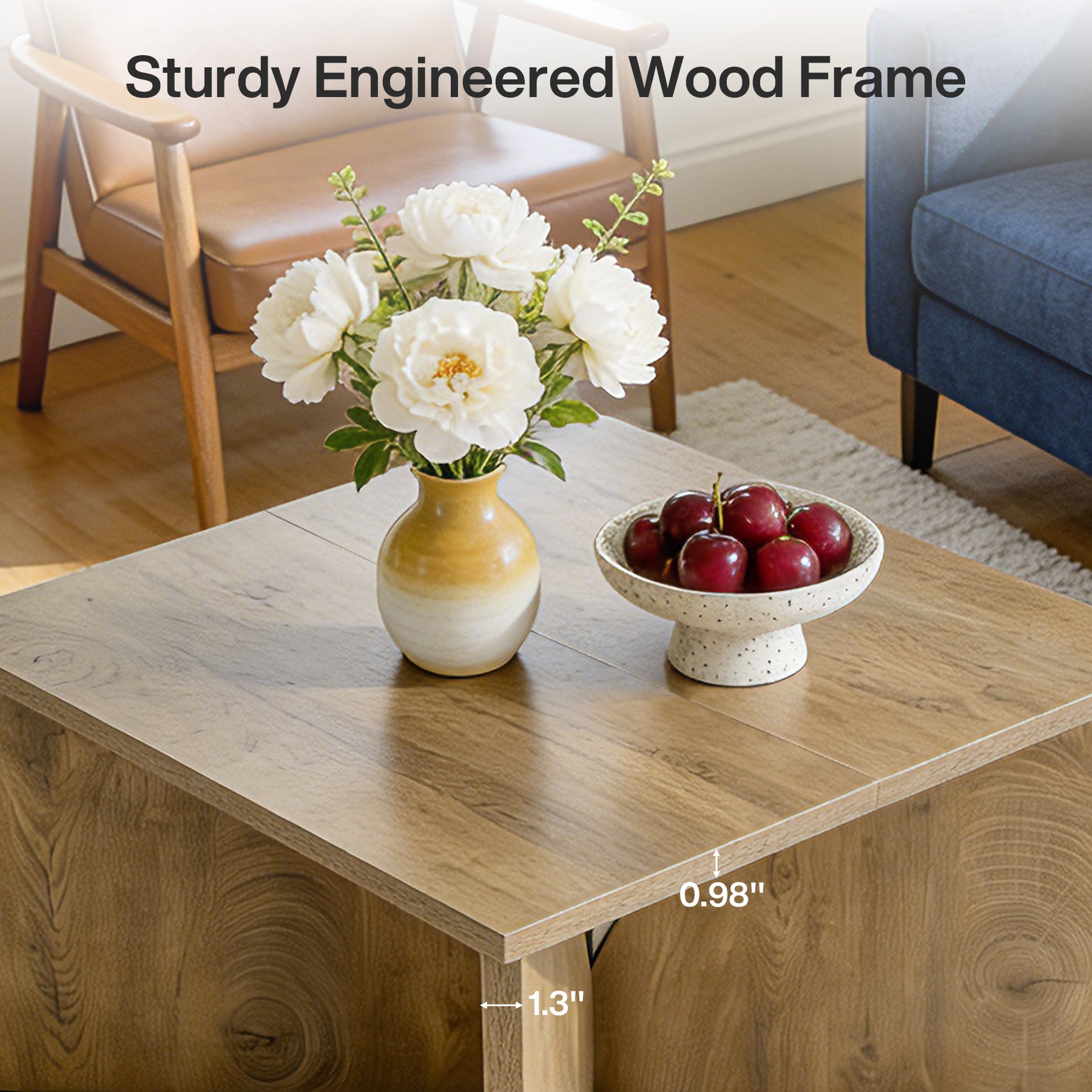 80 cm Vierkante Salontafel met Stevige Basis, Landelijke Houten Tafel voor Woonkamer