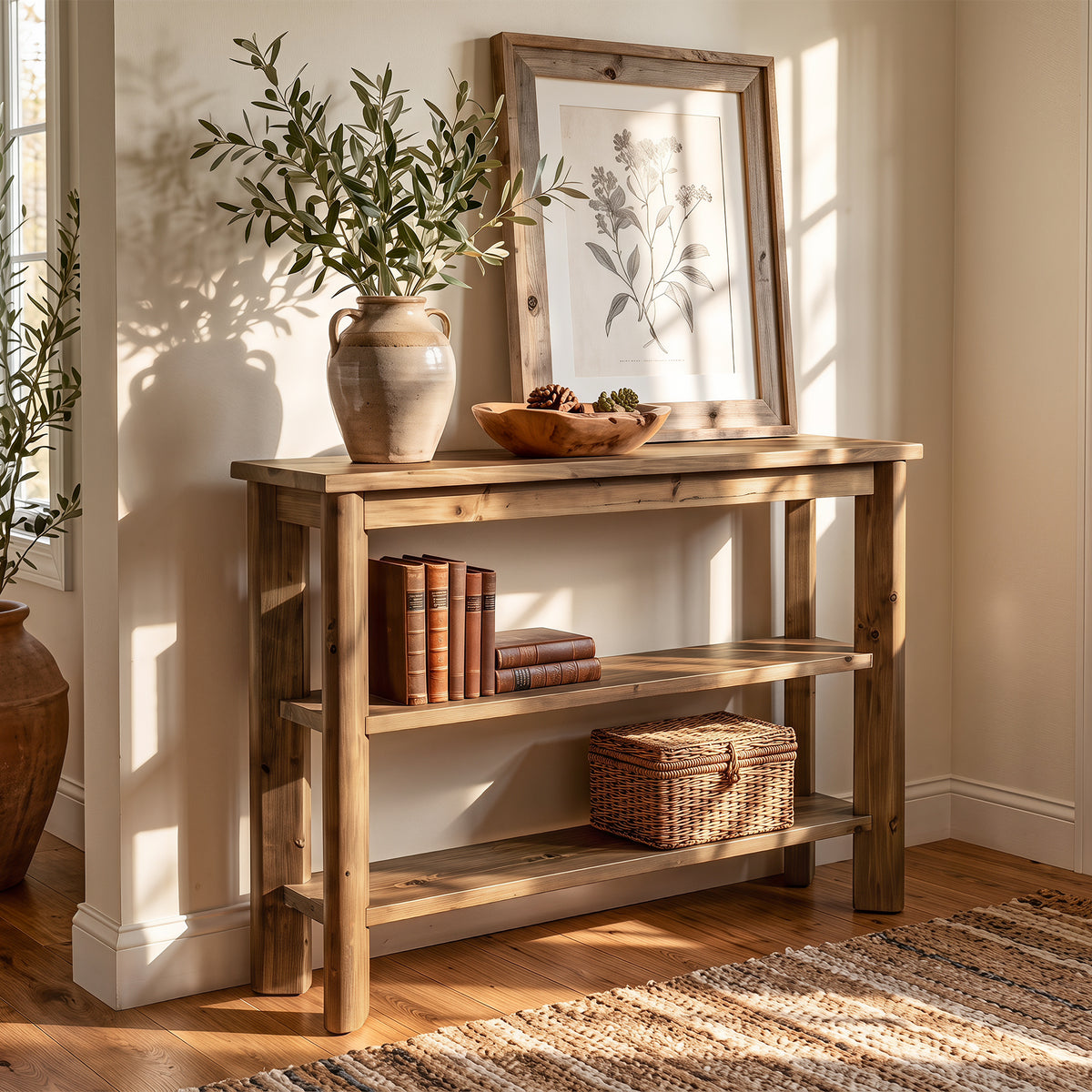 105 x 30 cm Tribesigns consoletafel van massief hout met 3 niveaus, smalle sidetable voor hal en woonkamer