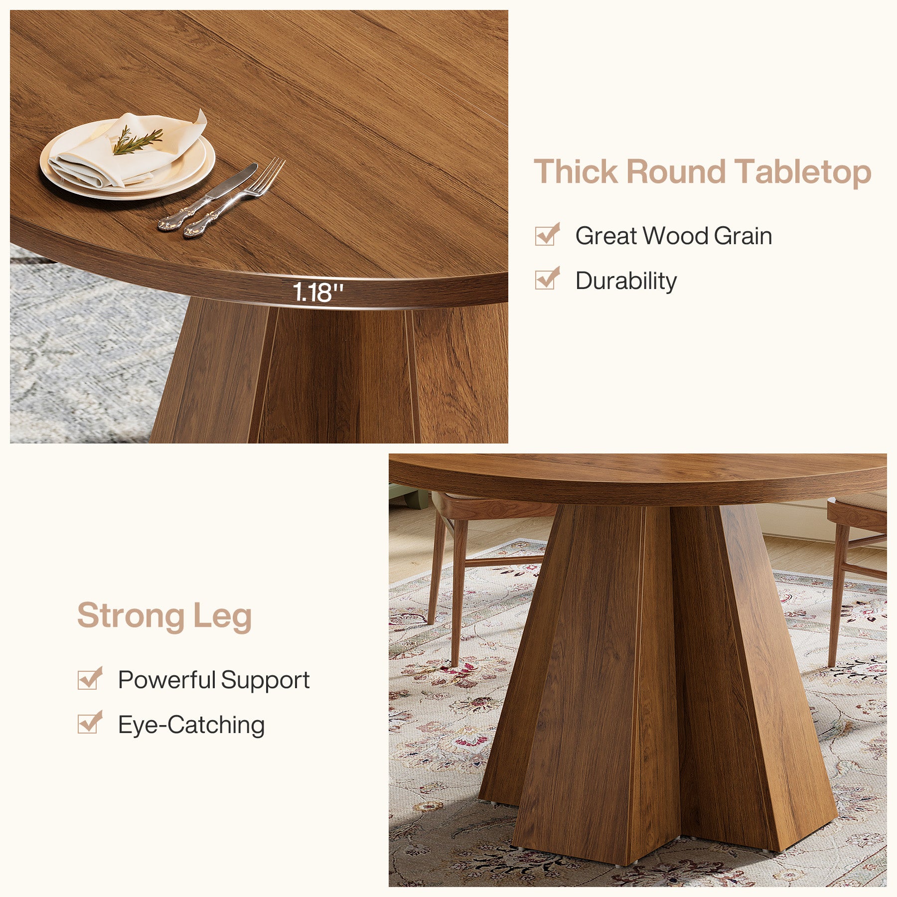 Tribesigns Ronde Eettafel 118 cm met Centrale Voet in Walnootbruin