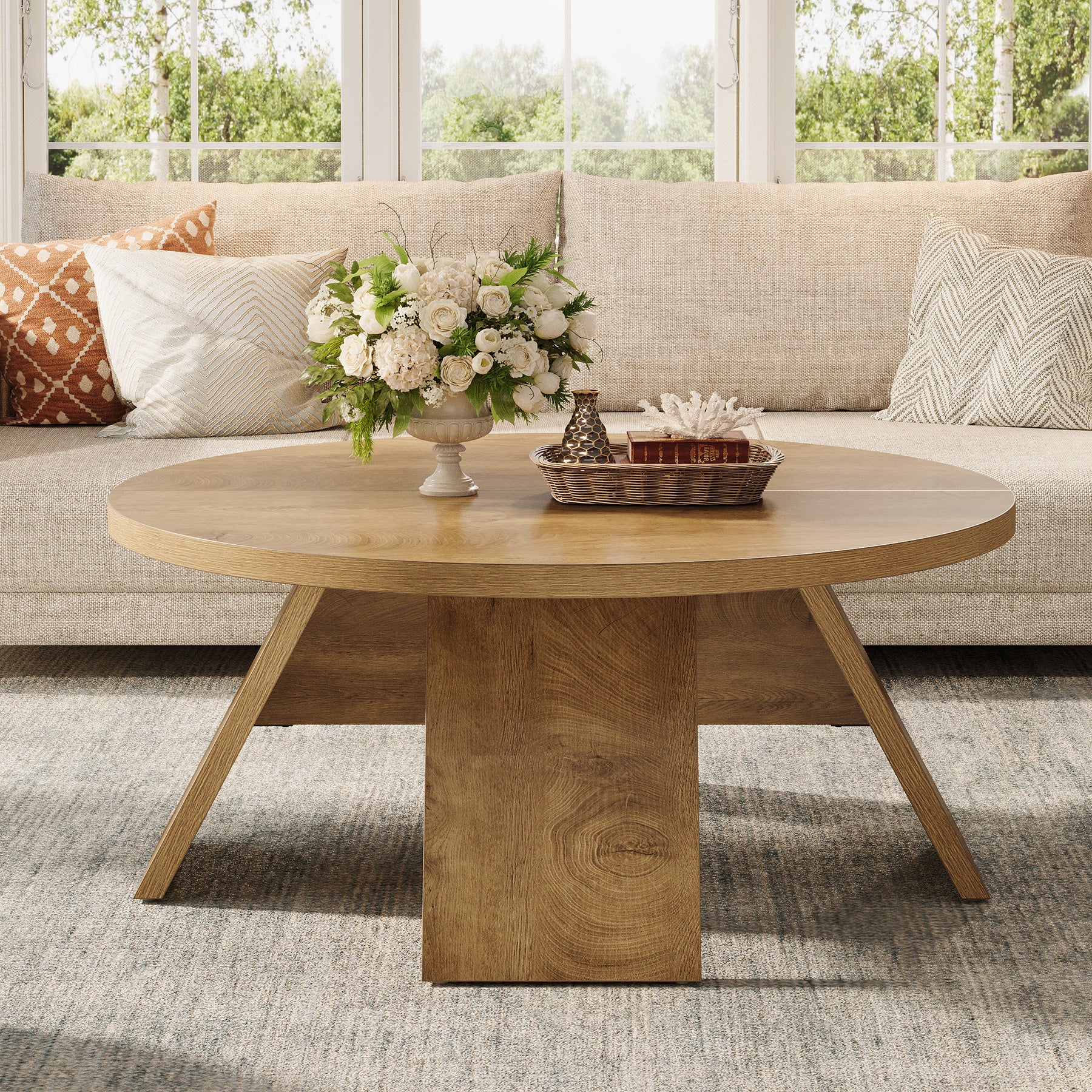100 cm Ronde Houten Salontafel met Gespreide Poten, Modern Accent Tafel voor Woonkamer