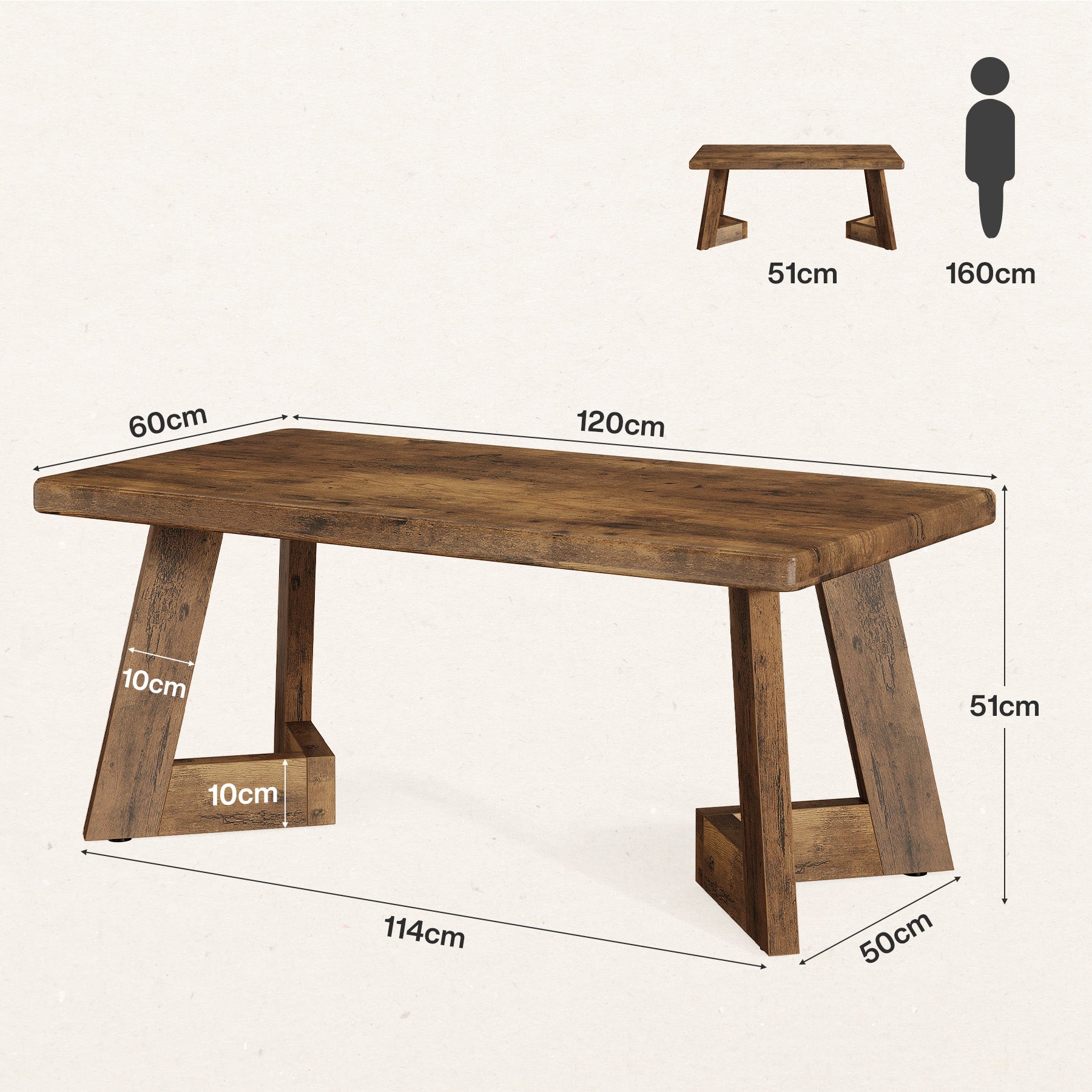 120 x 60 cm Rechthoekige Landelijke Salontafel, Center Tafel met V-vormige Poten voor Woonkamer