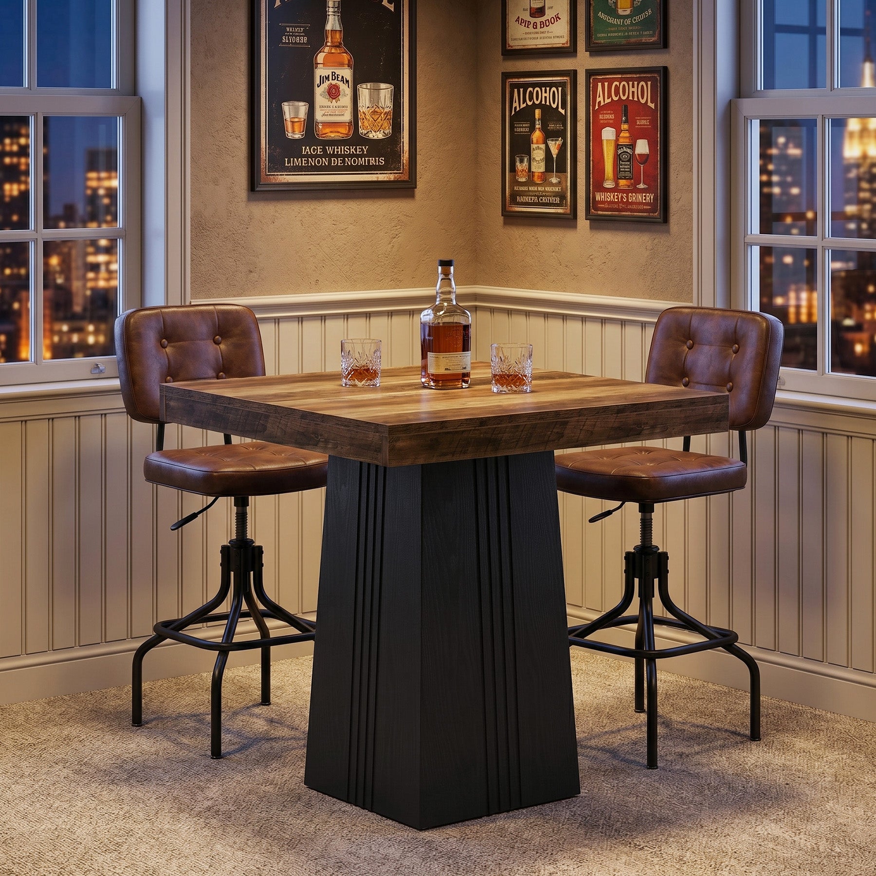 Tribesigns Bartafel 80 × 80 cm, Vierkante Statafel in Landelijke Stijl met Geribbelde Voet