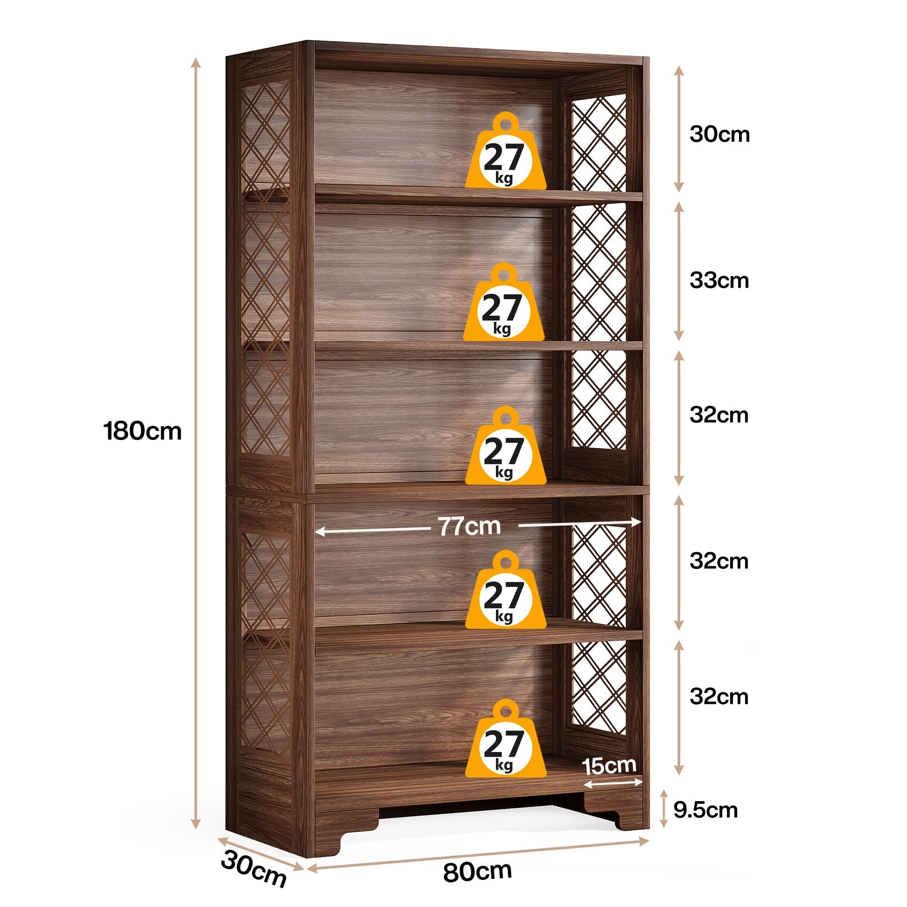 180 cm Hoge Boekenkast met Zes Planken, Mid-Century Boekenkast voor Woonkamer
