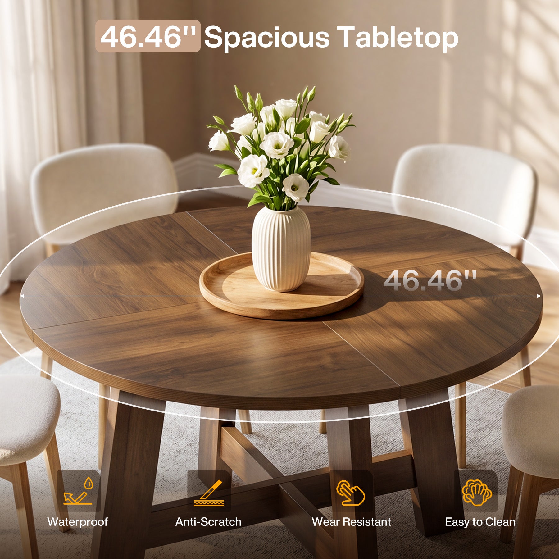 Tribesigns 118 cm ronde eettafel, farmhouse keukentafel met kruissteun voor 4-6 personen