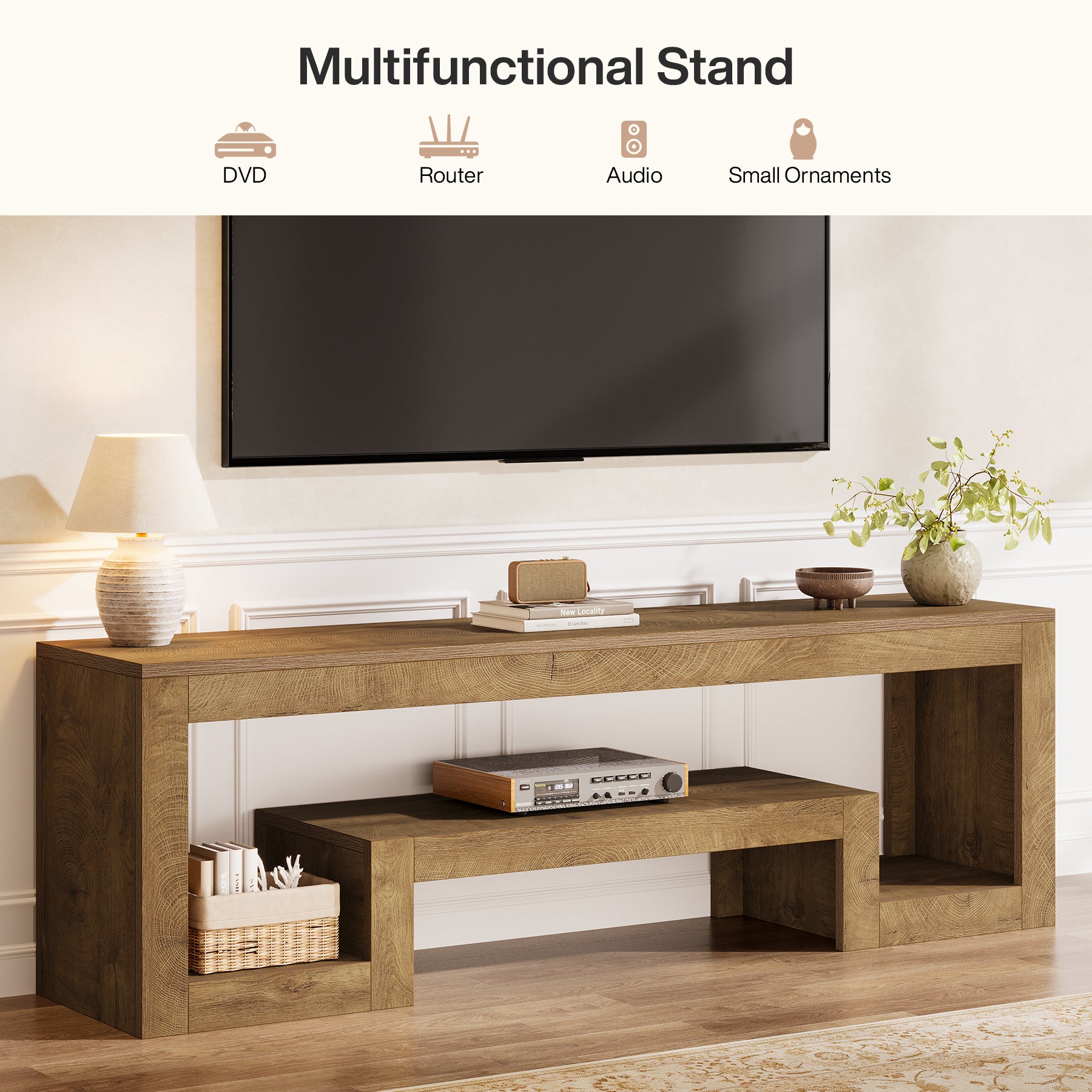 160 cm Tribesigns TV-Meubel voor 55–75 Inch TV’s, Landelijk Entertainment Center met Open Opbergruimte