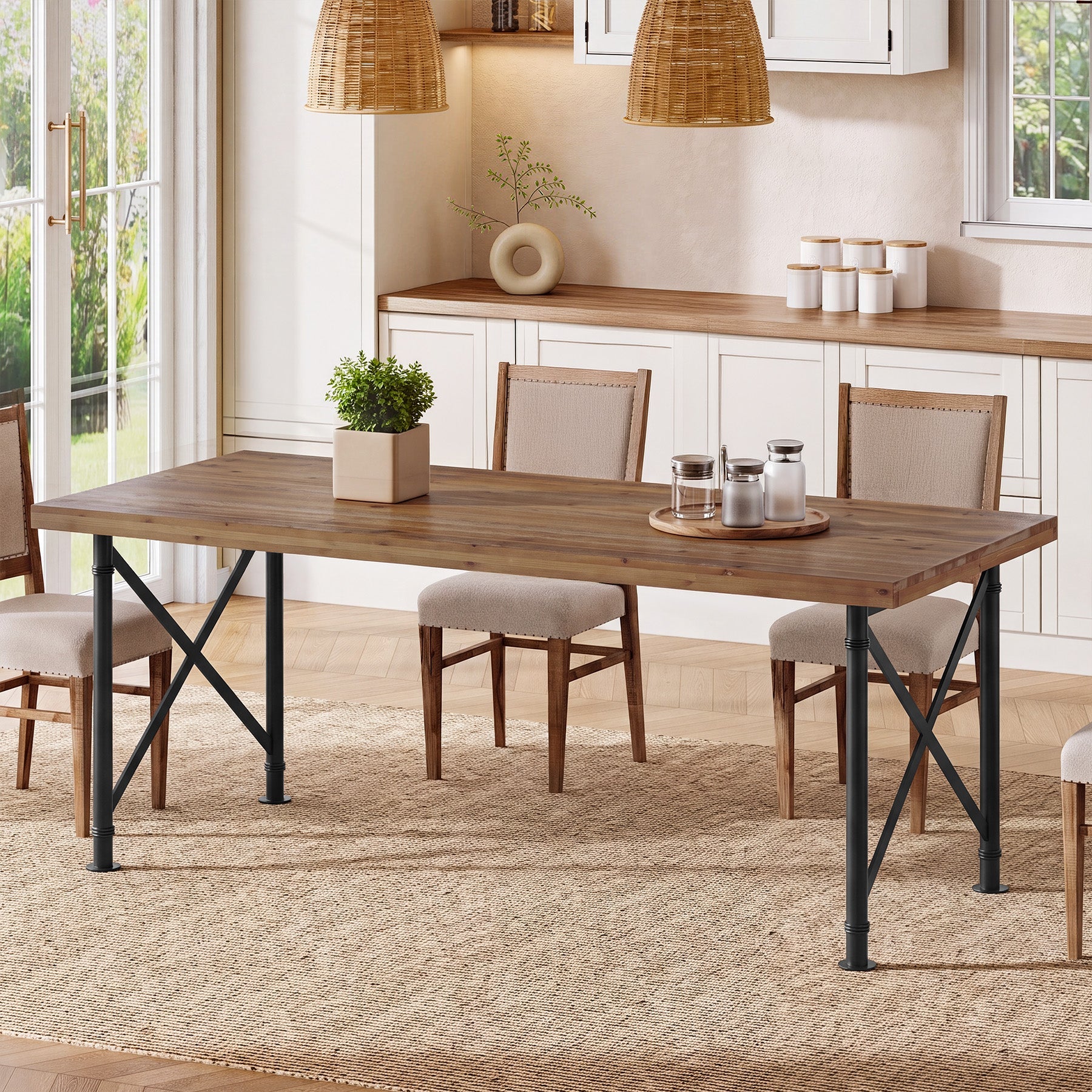 Massief houten eettafel 160 × 80 cm voor 4–6 personen, rechthoekige eettafel met X-vormig metalen frame