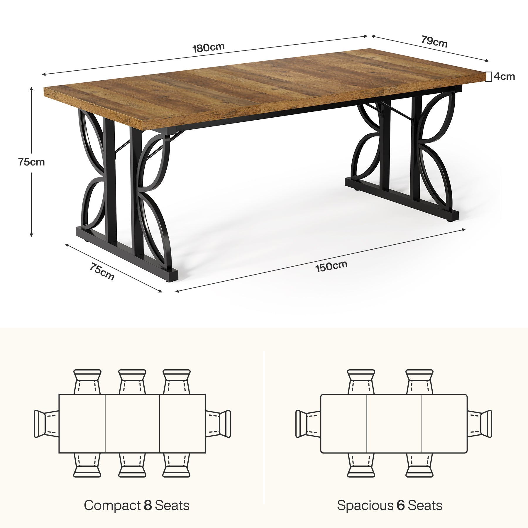 180 cm industriële Rechthoekige Eettafel, Keukentafel met Metalen Onderstel in Bruin