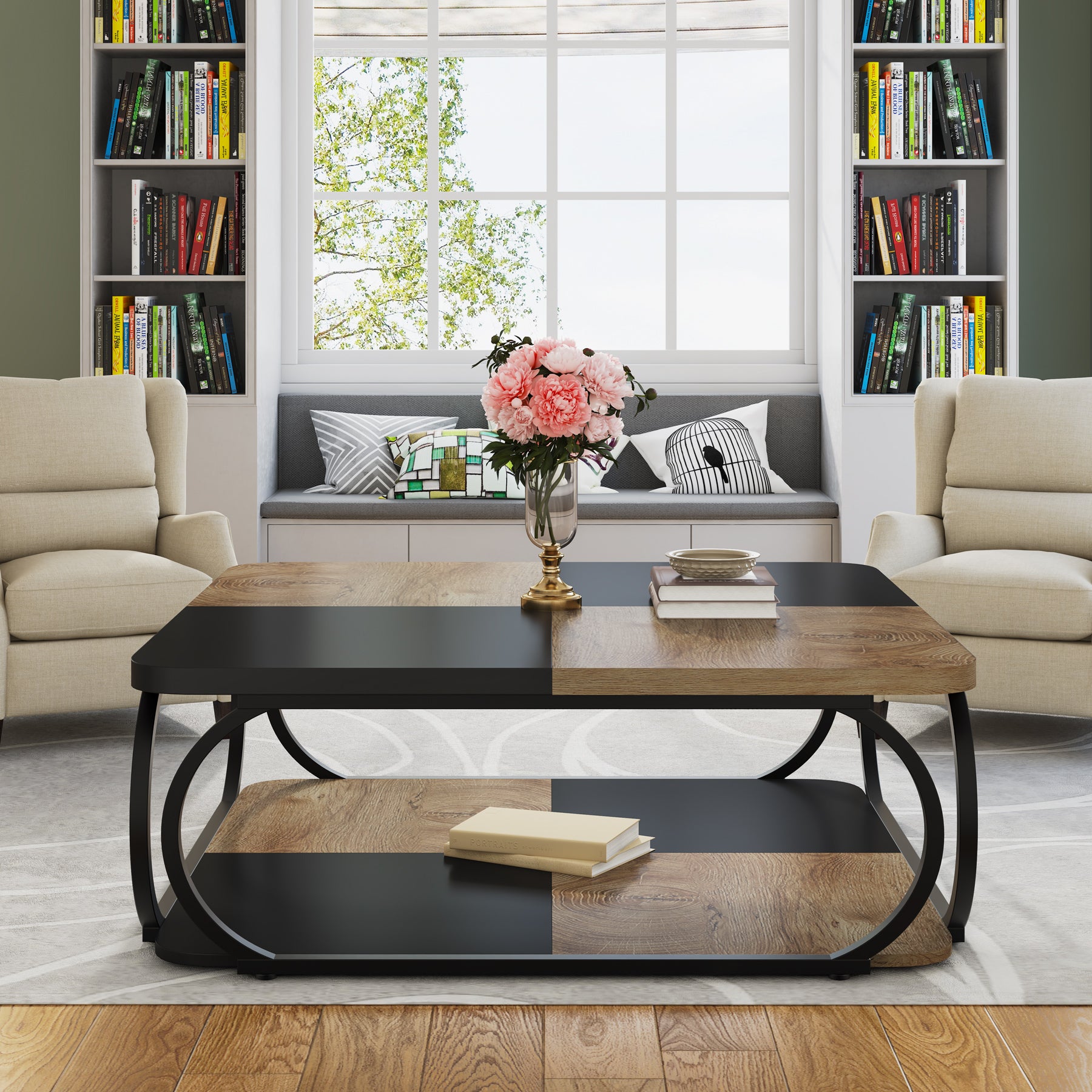 100 cm Vierkante Salontafel met Dubbele Planken, Landelijke Tafel met Metal Frame
