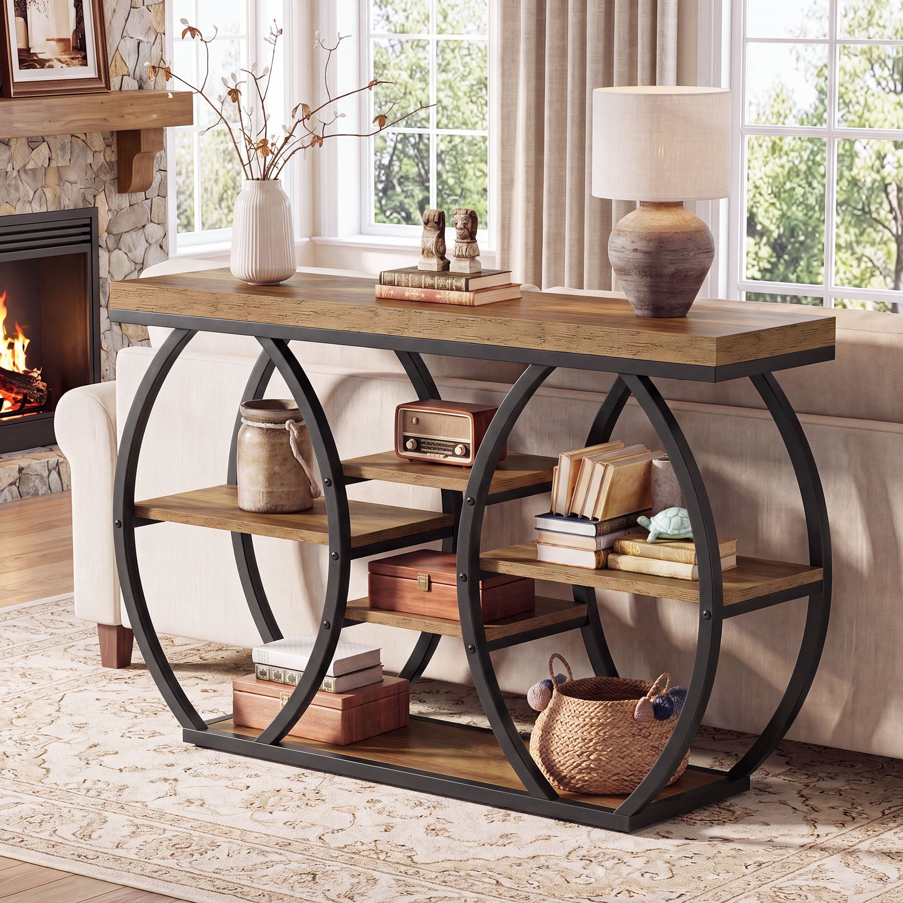 Tribesigns Consoletafel 120 cm met 6 etages, smalle haltafel in landelijke stijl met stevig metalen frame