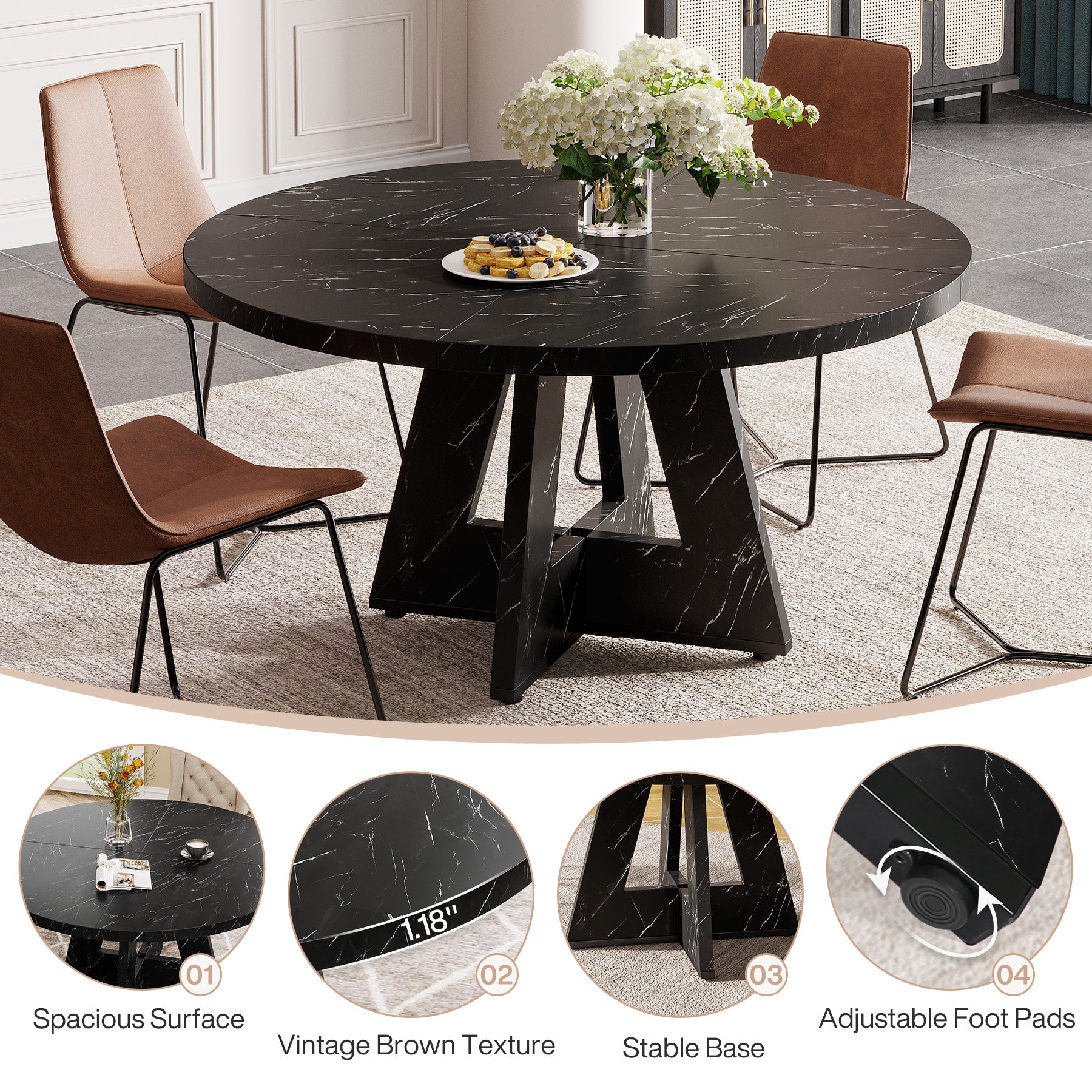 120 cm Ronde Boeren Eettafel, Bruin Houten Tafelblad voor 4 Personen in Keuken of Woonkamer